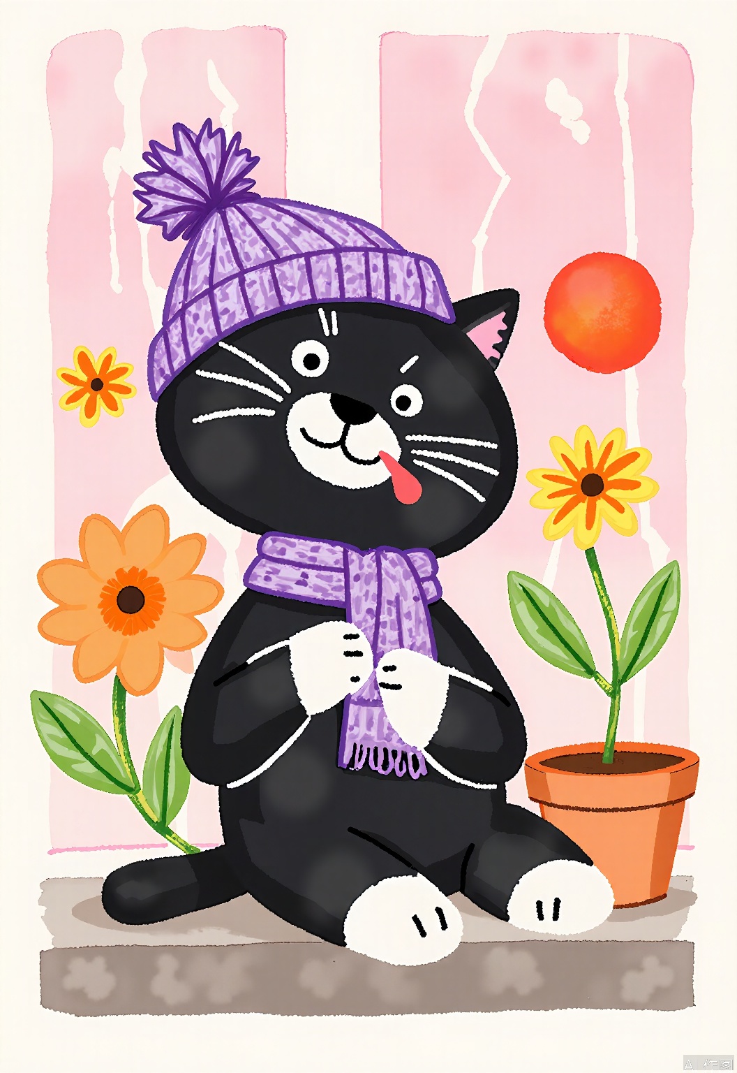 DCET, A delightful, watercolor children's sketch of a cat knitting a scarf. The cat has a sleek black fur with white paws and a mischievous glint in its eyes, and is wearing a purple knitted hat. It sits on a cozy window sill with a pot of flowers nearby. The background is a soft pink hue, like a sunrise. The cat has a focused expression, tongue sticking out slightly in concentration. The drawing is full of warmth and charm.