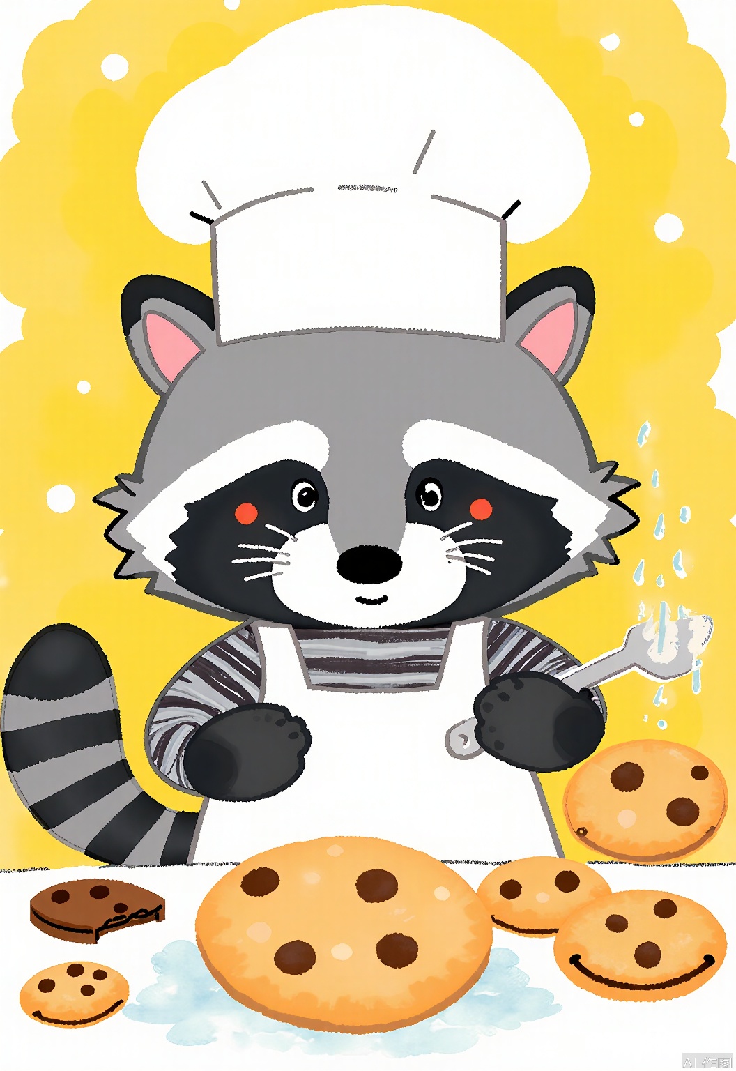 DCET, A playful, watercolor children's sketch of a raccoon baking cookies. The raccoon has a striped gray and black fur and dexterous paws, and is wearing a chef's hat and apron. It stands in a cozy kitchen with flour dusting its nose. The background is a warm yellow, like the glow of an oven. The raccoon has a cheerful expression, a cookie in one paw and a spatula in the other. The drawing is full of fun and baking adventures.