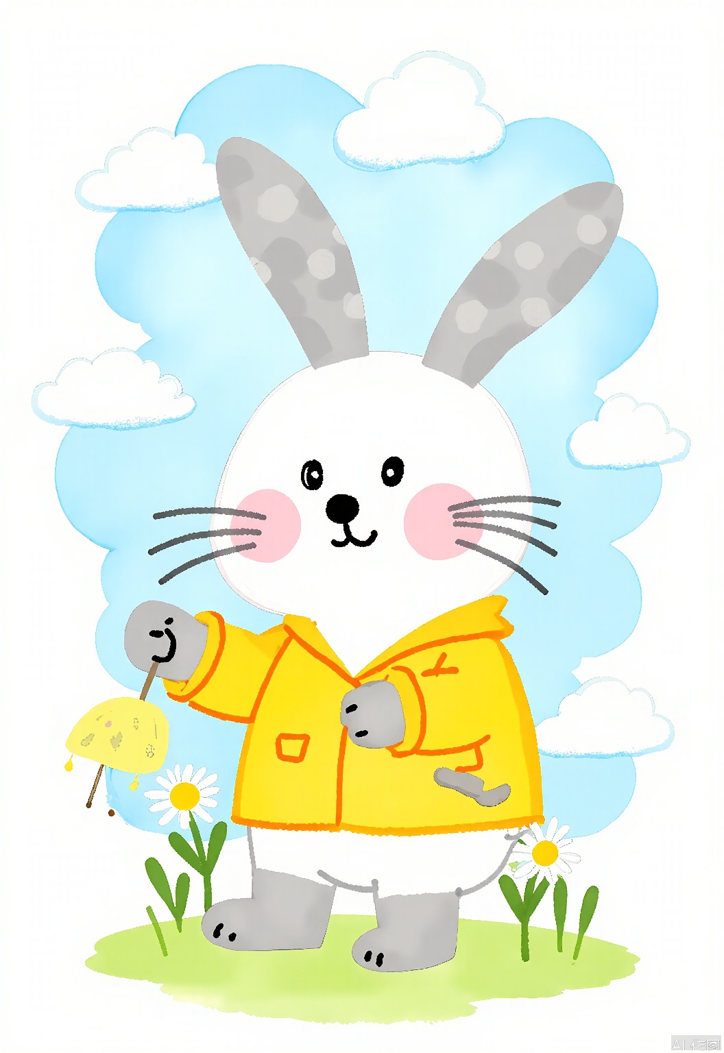 DCET, A soft, watercolor children's illustration of a bunny holding a tiny umbrella. The bunny has a fluffy white coat with gray accents and long, twitching whiskers, and is wearing a yellow raincoat with polka dots. It stands on a patch of green grass dotted with daisies. The background is a light blue sky with fluffy clouds. The bunny has a serene expression, eyes wide with wonder, and a gentle tilt of the head. The drawing exudes innocence and joy.