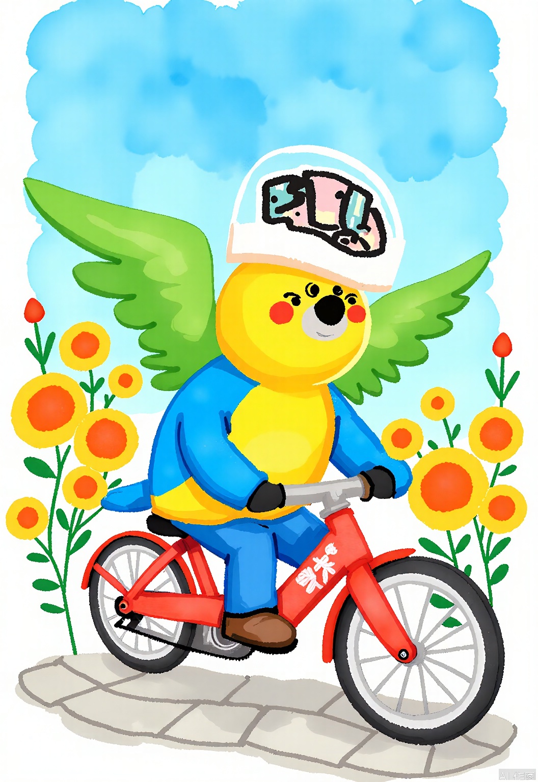 DCET, A quirky, watercolor children's illustration of a parrot riding a bicycle. The parrot has bright, multicolored feathers and a mischievous grin, and is wearing a tiny helmet. It pedals along a cobblestone path, with flowers blooming alongside. The background is a cheerful blue, like a summer sky. The parrot has a confident expression, wings flapping to keep balance. The drawing is full of whimsy and adventure.