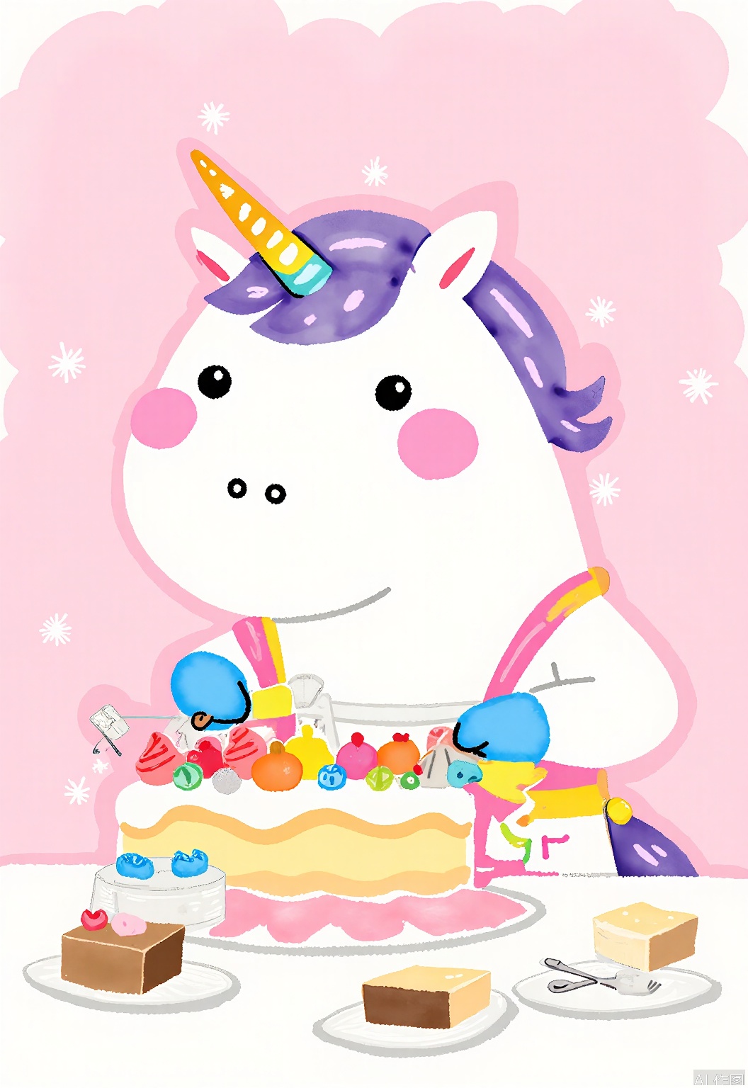 DCET, A whimsical, watercolor children's drawing of a unicorn baking a cake. The unicorn has a shimmering white coat and a flowing mane, and is wearing an apron with a rainbow pattern. It stands in a magical kitchen, with sparkles floating in the air. The background is a pastel pink, like a fairy tale. The unicorn has a delighted expression, frosting the cake with a smile. The drawing captures the enchantment of baking and magic.