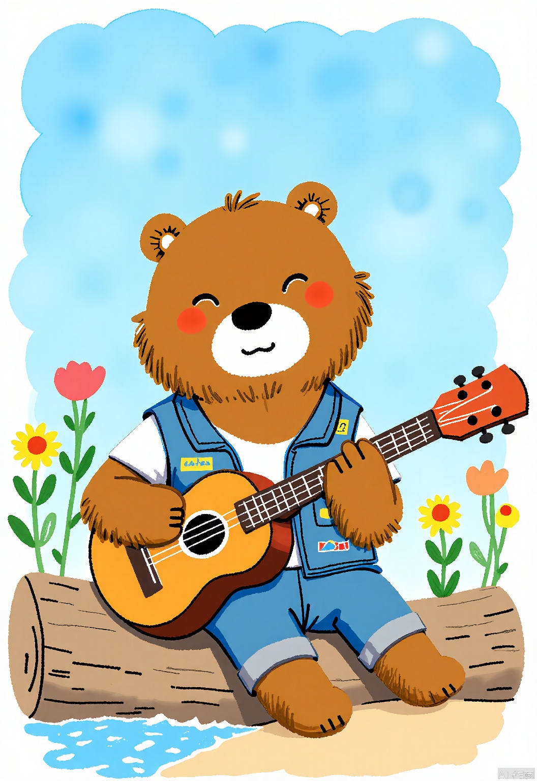 DCET, A charming, watercolor children's illustration of a bear playing the guitar. The bear has a shaggy brown coat and a gentle, bearded face, and is wearing a denim vest with patches. It sits on a log by a flowing stream, surrounded by wildflowers. The background is a serene blue, like a peaceful lake. The bear has a dreamy expression, eyes closed as it strums the strings. The drawing evokes a sense of tranquility and music.