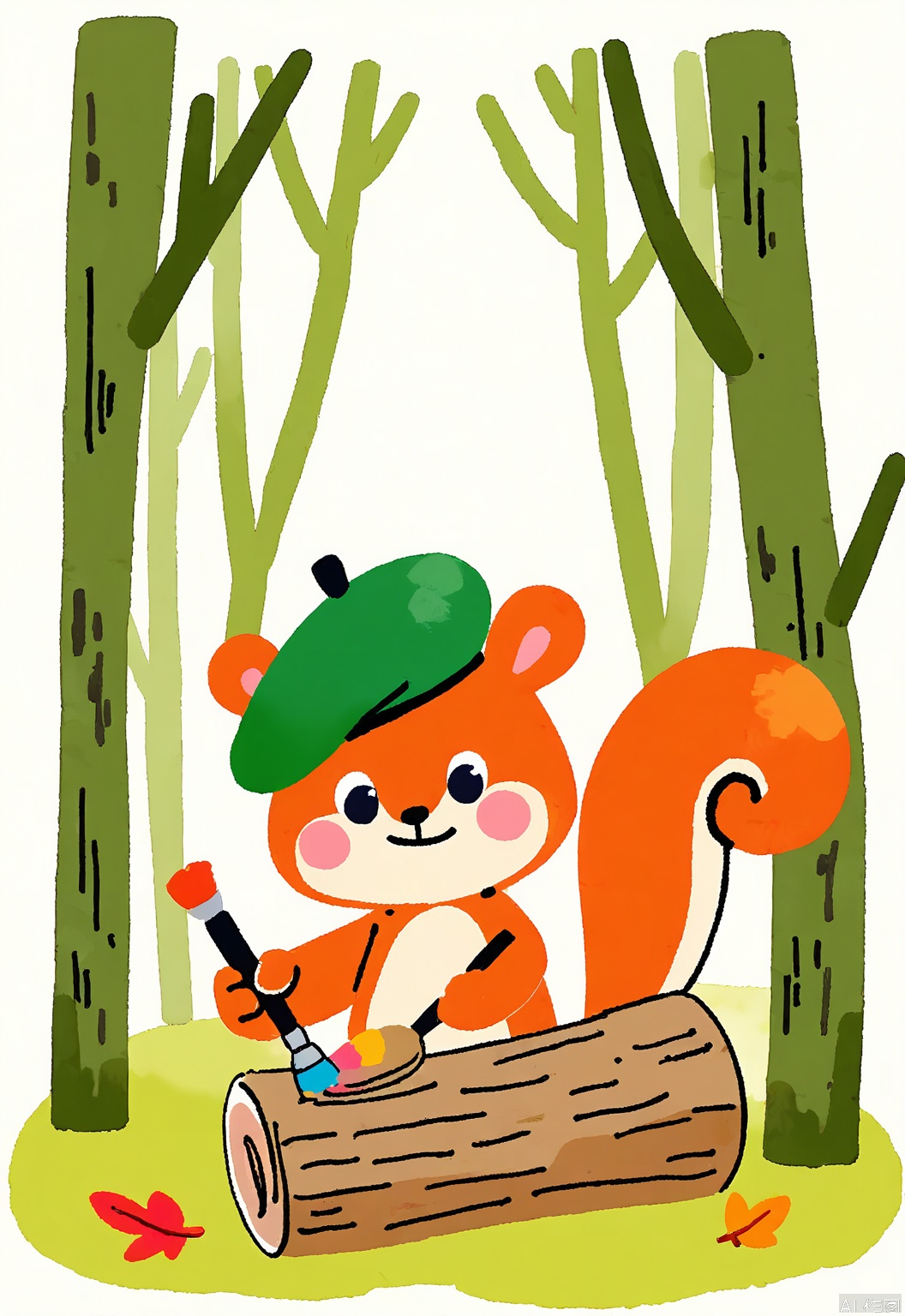 DCET, A whimsical, watercolor children's drawing of a squirrel painting a picture. The squirrel has a bushy red tail and bright, curious eyes, and is wearing a tiny artist's beret. It stands on a tree stump with a palette and brushes in hand. The background is a forest scene with vibrant green leaves and dappled sunlight. The squirrel has a determined look, brush poised mid-stroke. The drawing captures the magic of creativity.
