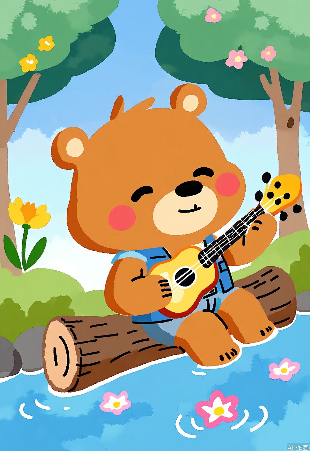 DCET, A charming, watercolor children's illustration of a bear playing the guitar. The bear has a shaggy brown coat and a gentle, bearded face, and is wearing a denim vest with patches. It sits on a log by a flowing stream, surrounded by wildflowers. The background is a serene blue, like a peaceful lake. The bear has a dreamy expression, eyes closed as it strums the strings. The drawing evokes a sense of tranquility and music.