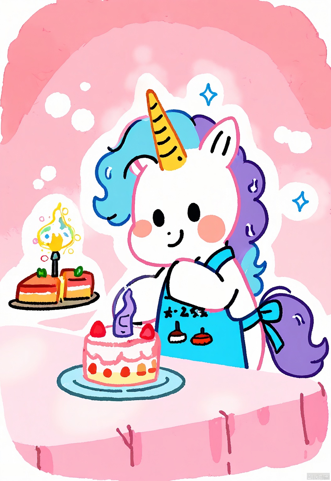 DCET, A whimsical, watercolor children's drawing of a unicorn baking a cake. The unicorn has a shimmering white coat and a flowing mane, and is wearing an apron with a rainbow pattern. It stands in a magical kitchen, with sparkles floating in the air. The background is a pastel pink, like a fairy tale. The unicorn has a delighted expression, frosting the cake with a smile. The drawing captures the enchantment of baking and magic.
