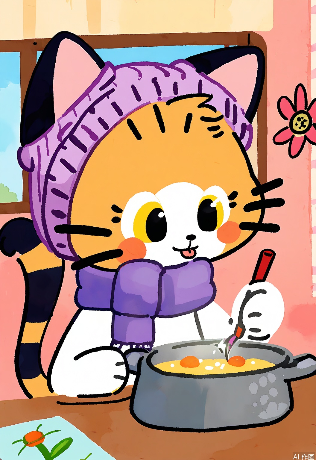 DCET, A delightful, watercolor children's sketch of a cat knitting a scarf. The cat has a sleek black fur with white paws and a mischievous glint in its eyes, and is wearing a purple knitted hat. It sits on a cozy window sill with a pot of flowers nearby. The background is a soft pink hue, like a sunrise. The cat has a focused expression, tongue sticking out slightly in concentration. The drawing is full of warmth and charm.
