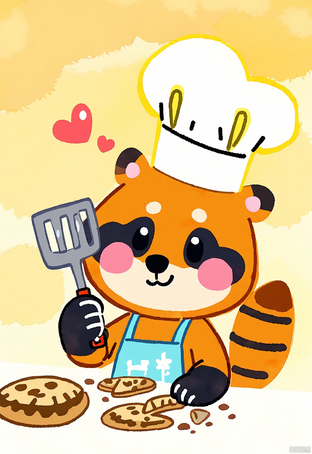 DCET, A playful, watercolor children's sketch of a raccoon baking cookies. The raccoon has a striped gray and black fur and dexterous paws, and is wearing a chef's hat and apron. It stands in a cozy kitchen with flour dusting its nose. The background is a warm yellow, like the glow of an oven. The raccoon has a cheerful expression, a cookie in one paw and a spatula in the other. The drawing is full of fun and baking adventures.
