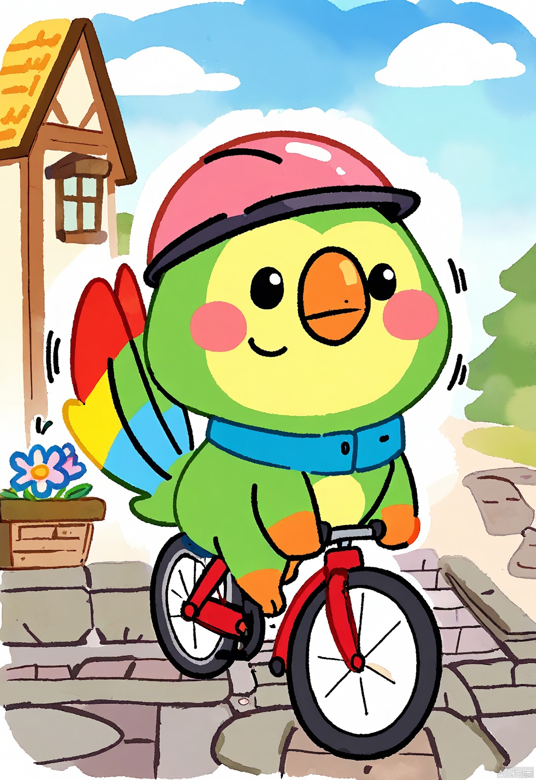 DCET, A quirky, watercolor children's illustration of a parrot riding a bicycle. The parrot has bright, multicolored feathers and a mischievous grin, and is wearing a tiny helmet. It pedals along a cobblestone path, with flowers blooming alongside. The background is a cheerful blue, like a summer sky. The parrot has a confident expression, wings flapping to keep balance. The drawing is full of whimsy and adventure.
