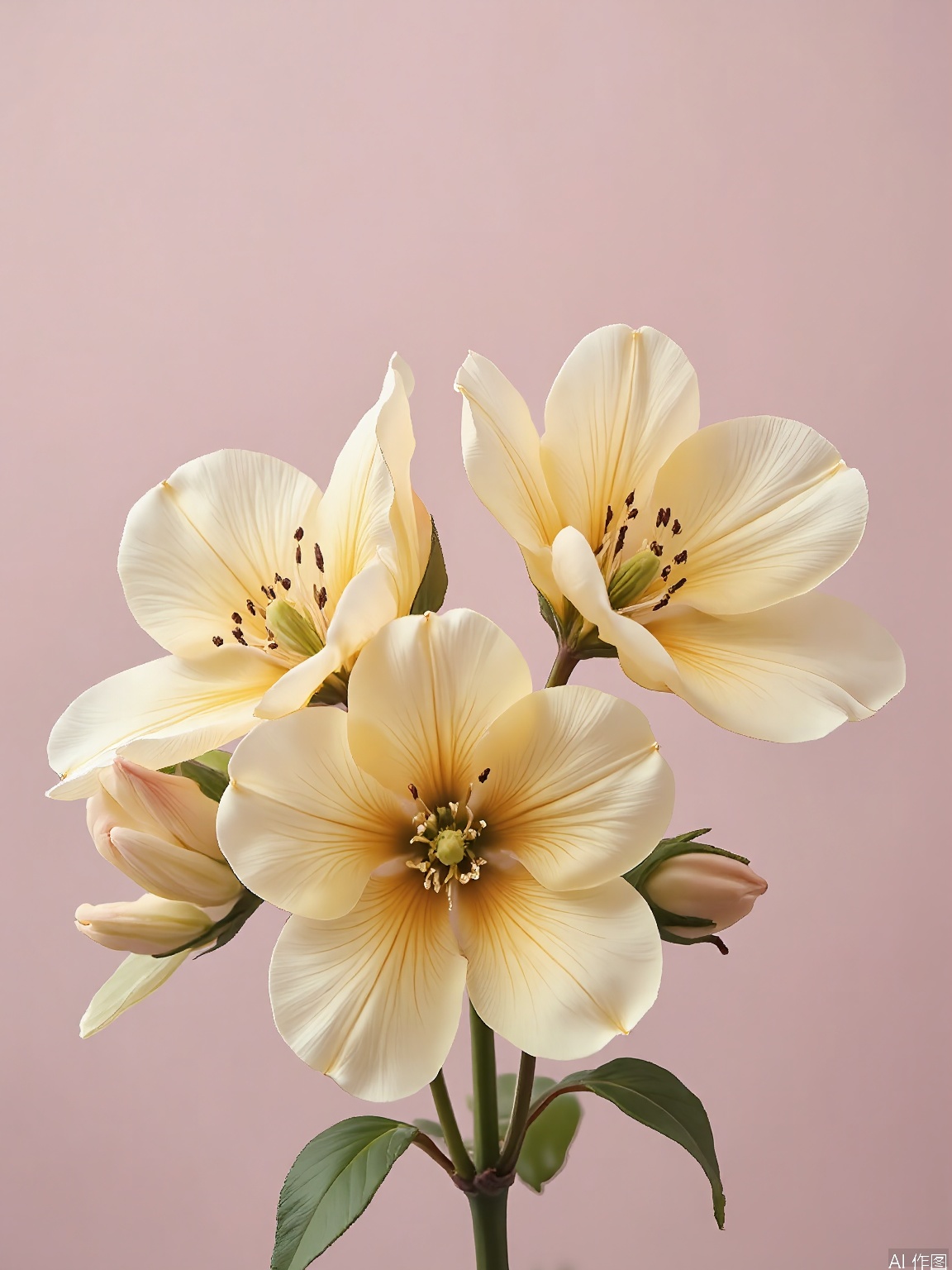 XHYS, Photograph of a group of six pastel yellow primroses with star-shaped petals, captured against a soft pink backdrop. The primroses are in different stages of bloom, some fully opened and others still in bud form. Their leaves are a fresh, light green, adding a touch of spring freshness. The lighting is gentle, illuminating the primroses and creating a cheerful atmosphere. The overall effect is whimsical and inviting, emphasizing the flowers' delicate beauty.