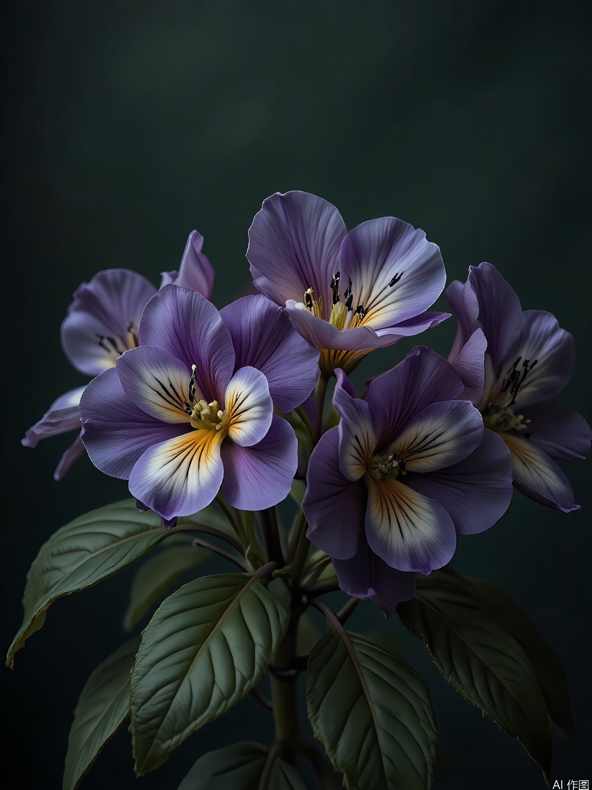 XHYS, Photograph of a cluster of seven vivid purple pansies with "faces" marked on their petals, captured against a dark green background. The pansies are in different stages of bloom, some fully opened and others still budding. Their leaves are a rich, jade green, providing a lush contrast. The lighting is gentle, highlighting the pansies' playful and whimsical nature. The overall mood is cheerful and inviting, emphasizing the flowers' unique patterns.
