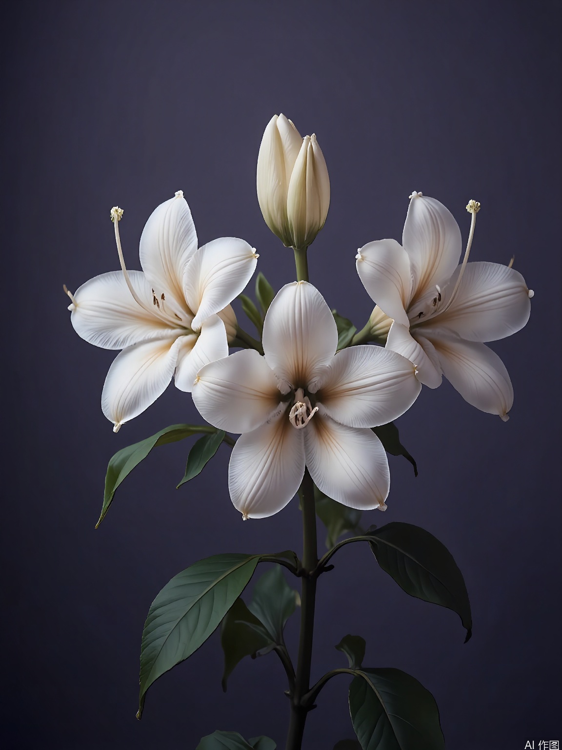XHYS, Photograph of a group of five pure white lilies with long, trumpet-shaped blossoms, set against a deep purple background. The lilies are at different stages of bloom, some still in bud form. Their leaves are a glossy, dark green, creating a striking contrast. The lighting is soft, casting a halo around the lilies and enhancing their purity. The overall mood is peaceful and spiritual, focusing on the flowers' serene beauty.