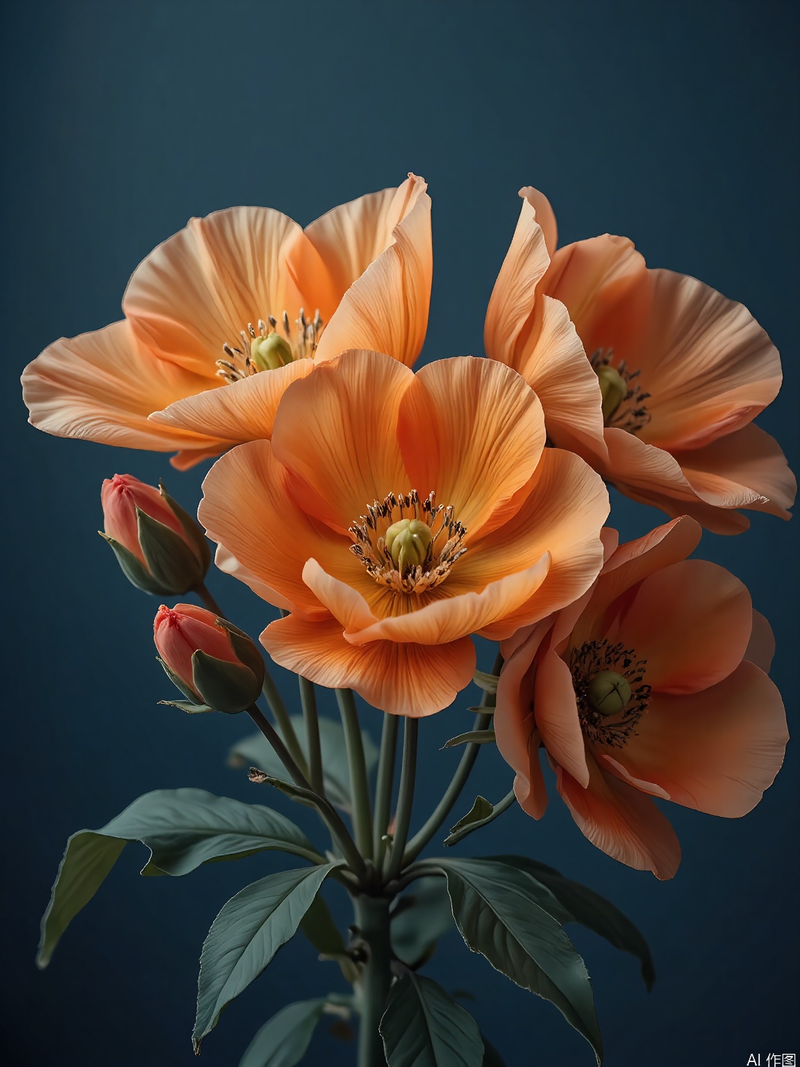 XHYS, Photograph of a cluster of eight vivid orange poppies with crepe-paper-like petals, photographed against a deep blue backdrop. The poppies are in different stages of bloom, some fully opened and others still budding. Their leaves are a slender, gray-green, providing a delicate contrast. The lighting is warm, emphasizing the poppies' vibrant and fleeting nature. The overall mood is passionate and energetic, capturing the flowers' bold colors.