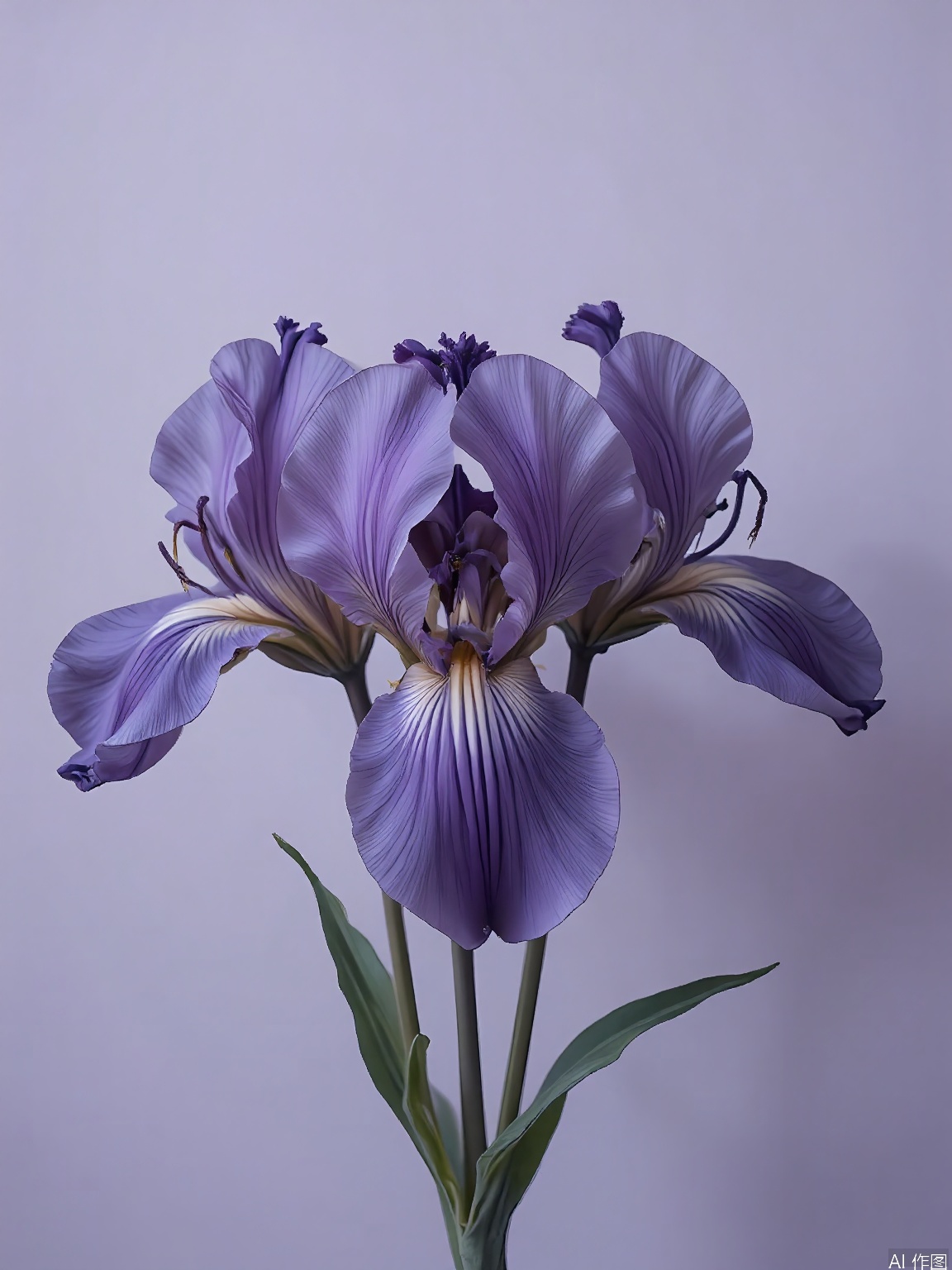 XHYS, Photograph of a bouquet of four deep purple irises with elegant, sword-shaped petals, photographed against a soft lavender backdrop. The irises are in different stages of bloom, some just starting to open. Their leaves are a slender, grass-green, providing a delicate contrast. The lighting is subtle, casting soft shadows that enhance the irises' regal appearance. The overall effect is sophisticated and graceful, capturing the flowers' intricate details.