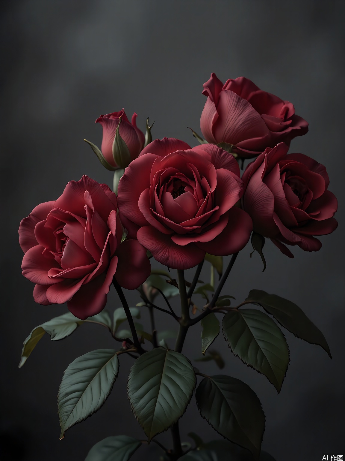 XHYS, Photograph of a cluster of seven deep red roses with velvety petals, photographed against a dark gray background. The roses are in various stages of bloom, some just starting to unfurl. Their leaves are a glossy, dark green, providing a striking contrast. The lighting is soft, casting a romantic glow that enhances the roses' passionate nature. The composition is elegant and serene, focusing on the flowers' intricate details.
