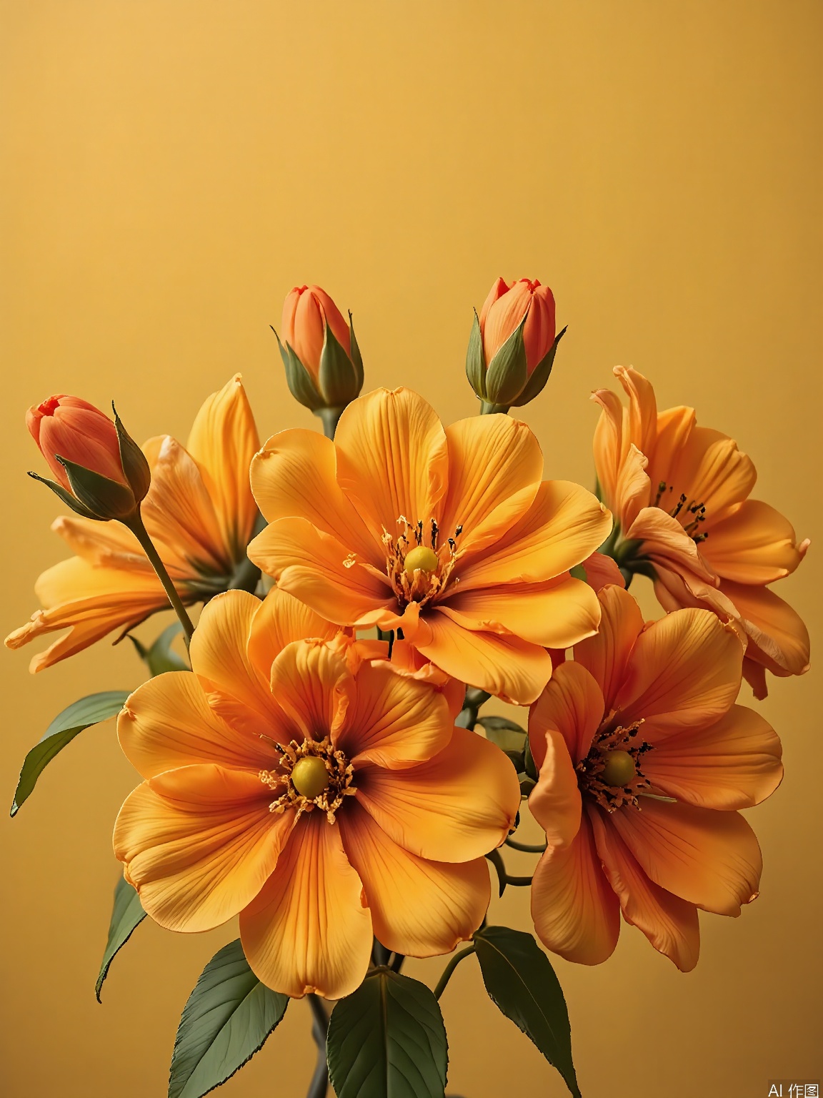 XHYS, Photograph of a cluster of eight bright orange marigolds with daisy-like petals, captured against a bright yellow background. The marigolds are in various stages of bloom, some fully opened and others still budding. Their leaves are a vibrant green, adding to the scene's liveliness. The lighting is warm, emphasizing the marigolds' cheerful and sunny disposition. The composition is lively and energetic, highlighting the flowers' bold colors.