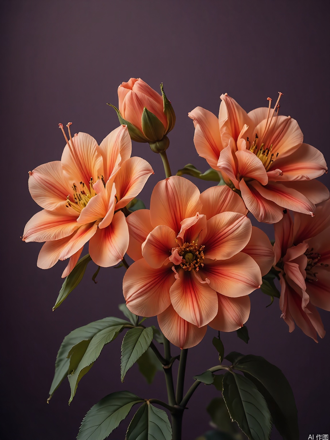 XHYS, Photograph of a group of six vivid orange dahlias with large, layered petals, photographed against a deep purple backdrop. The dahlias are in different stages of bloom, some fully opened and others still budding. Their leaves are a rich, jade green, adding depth to the scene. The lighting is warm, emphasizing the dahlias' bold and vibrant nature. The overall effect is striking and energetic, capturing the flowers' lush textures and vivid colors.