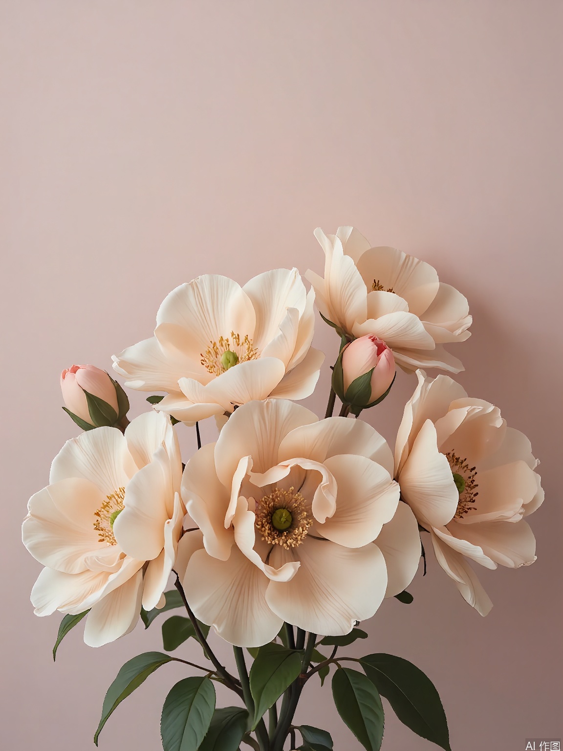 XHYS, Photograph of a bunch of seven soft peach peonies with ruffled petals, photographed against a light pink backdrop. The peonies are in various stages of bloom, from tight buds to fully opened flowers. Their leaves are a deep, forest green, providing a warm contrast. The lighting is gentle, highlighting the peonies' romantic and delicate nature. The composition is romantic and inviting, capturing the flowers' lush textures.