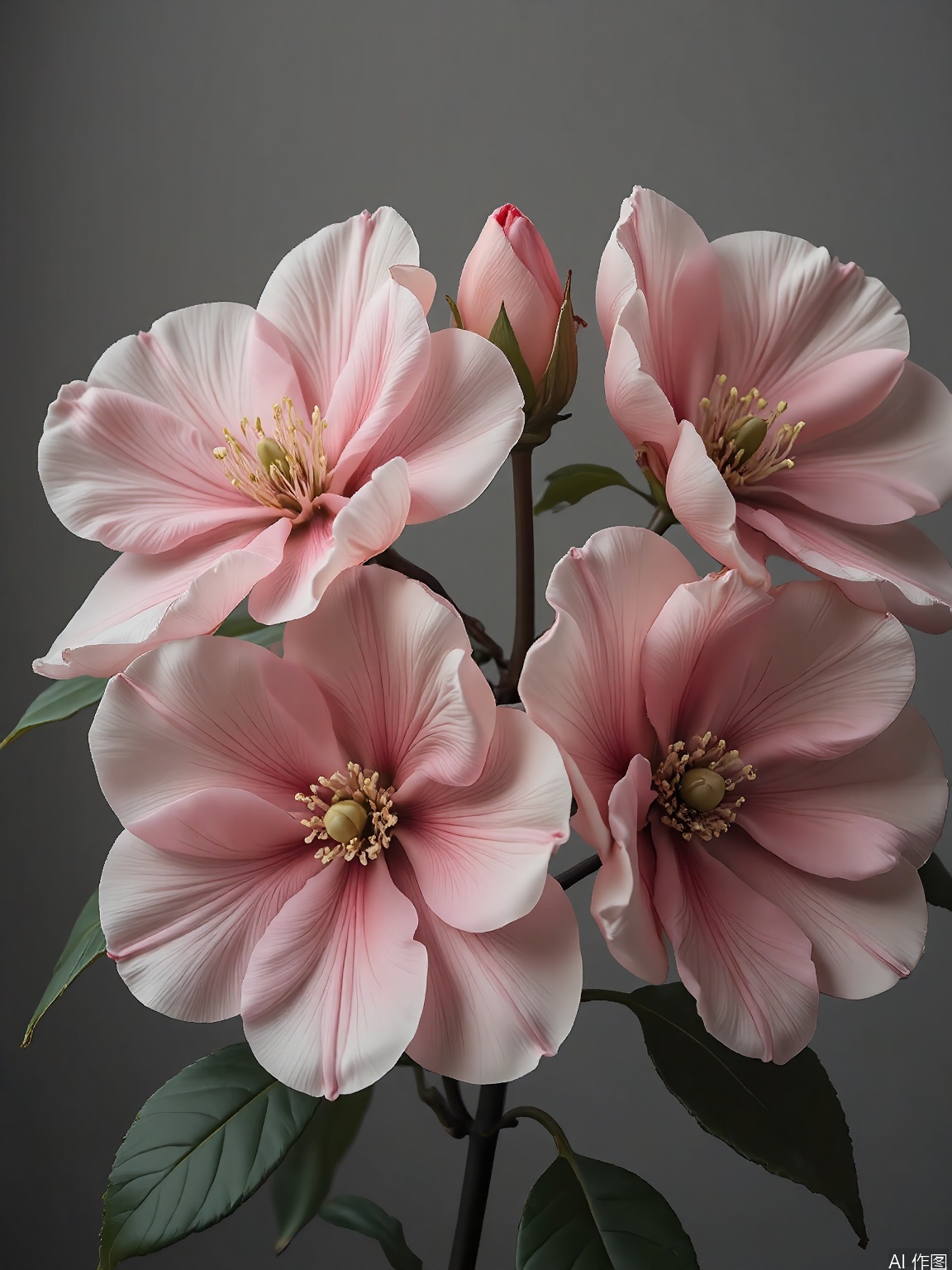 XHYS, Photograph of a group of six bright pink camellias with waxy, layered petals, captured against a muted gray background. The camellias are in various stages of bloom, some just starting to unfurl. Their leaves are a glossy, dark green, adding to the scene's elegance. The lighting is subtle, casting soft shadows that enhance the camellias' refined beauty. The composition is sophisticated and graceful, highlighting the flowers' intricate details.