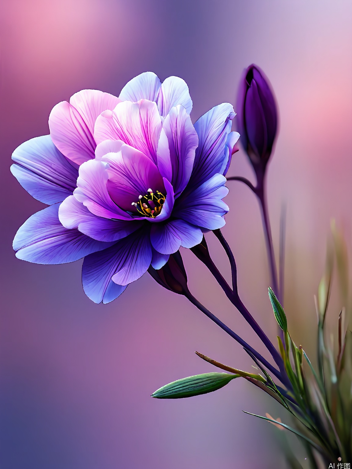 XHYS, Photograph of a bouquet of four deep purple irises with elegant, sword-shaped petals, photographed against a soft lavender backdrop. The irises are in different stages of bloom, some just starting to open. Their leaves are a slender, grass-green, providing a delicate contrast. The lighting is subtle, casting soft shadows that enhance the irises' regal appearance. The overall effect is sophisticated and graceful, capturing the flowers' intricate details.