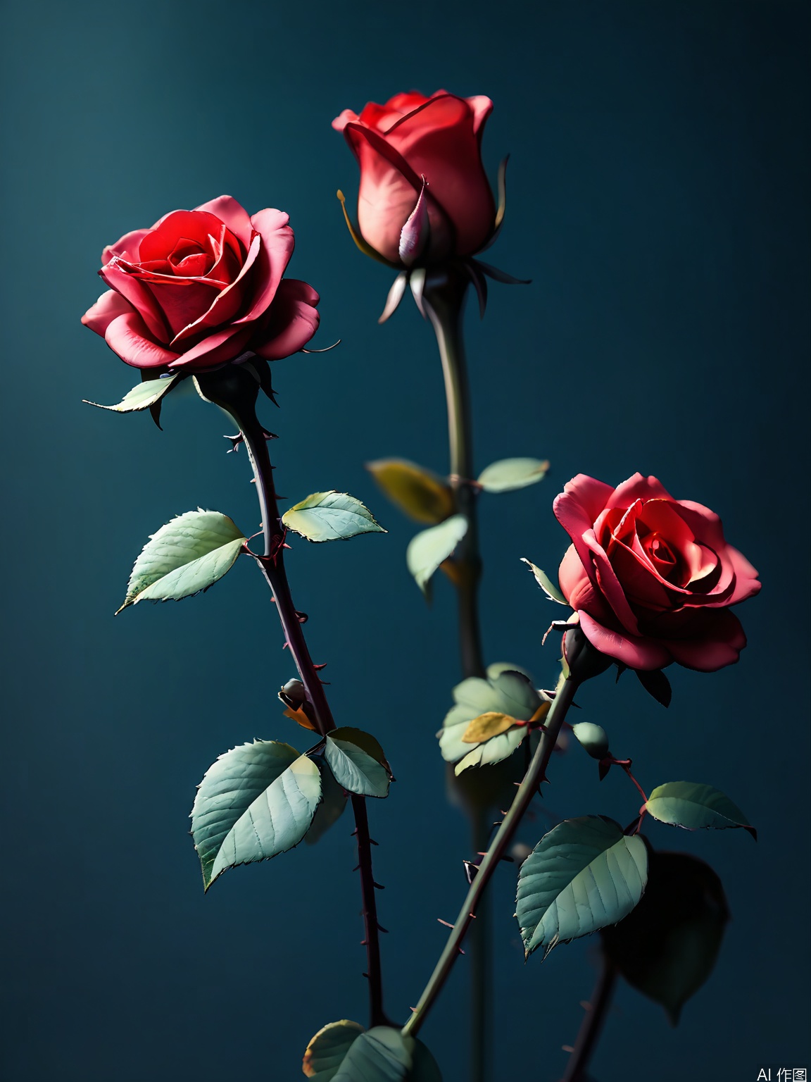 XHYS, Photograph of a cluster of seven deep red roses with velvety petals, photographed against a dark gray background. The roses are in various stages of bloom, some just starting to unfurl. Their leaves are a glossy, dark green, providing a striking contrast. The lighting is soft, casting a romantic glow that enhances the roses' passionate nature. The composition is elegant and serene, focusing on the flowers' intricate details.