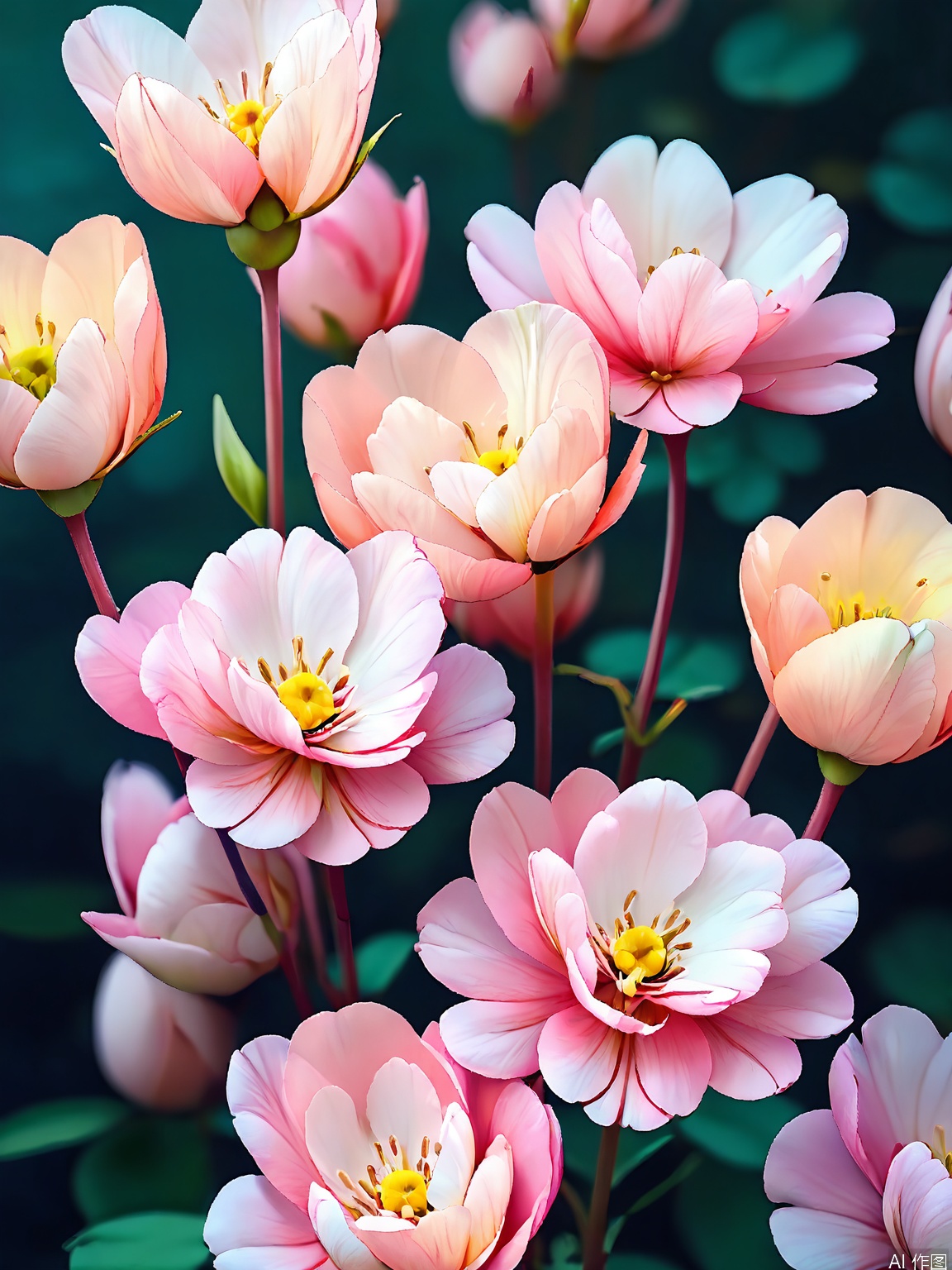 XHYS, Photograph of a bunch of seven soft peach peonies with ruffled petals, photographed against a light pink backdrop. The peonies are in various stages of bloom, from tight buds to fully opened flowers. Their leaves are a deep, forest green, providing a warm contrast. The lighting is gentle, highlighting the peonies' romantic and delicate nature. The composition is romantic and inviting, capturing the flowers' lush textures.