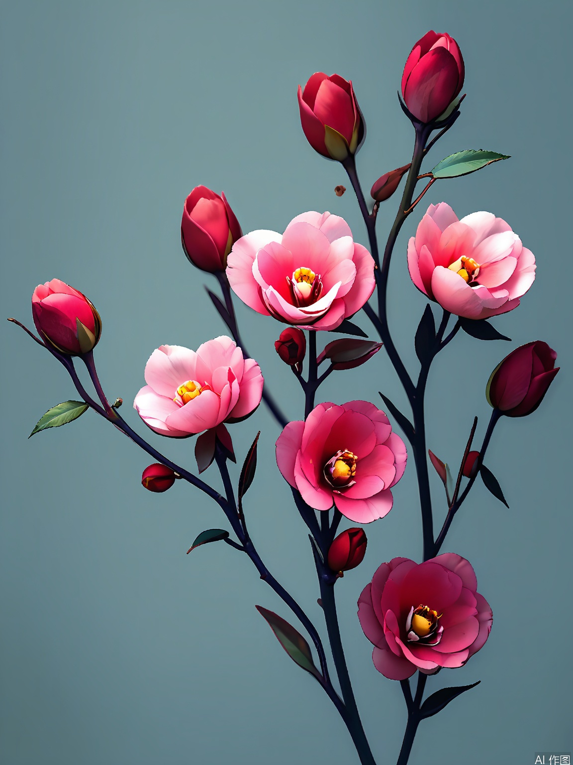 XHYS, Photograph of a group of six bright pink camellias with waxy, layered petals, captured against a muted gray background. The camellias are in various stages of bloom, some just starting to unfurl. Their leaves are a glossy, dark green, adding to the scene's elegance. The lighting is subtle, casting soft shadows that enhance the camellias' refined beauty. The composition is sophisticated and graceful, highlighting the flowers' intricate details.