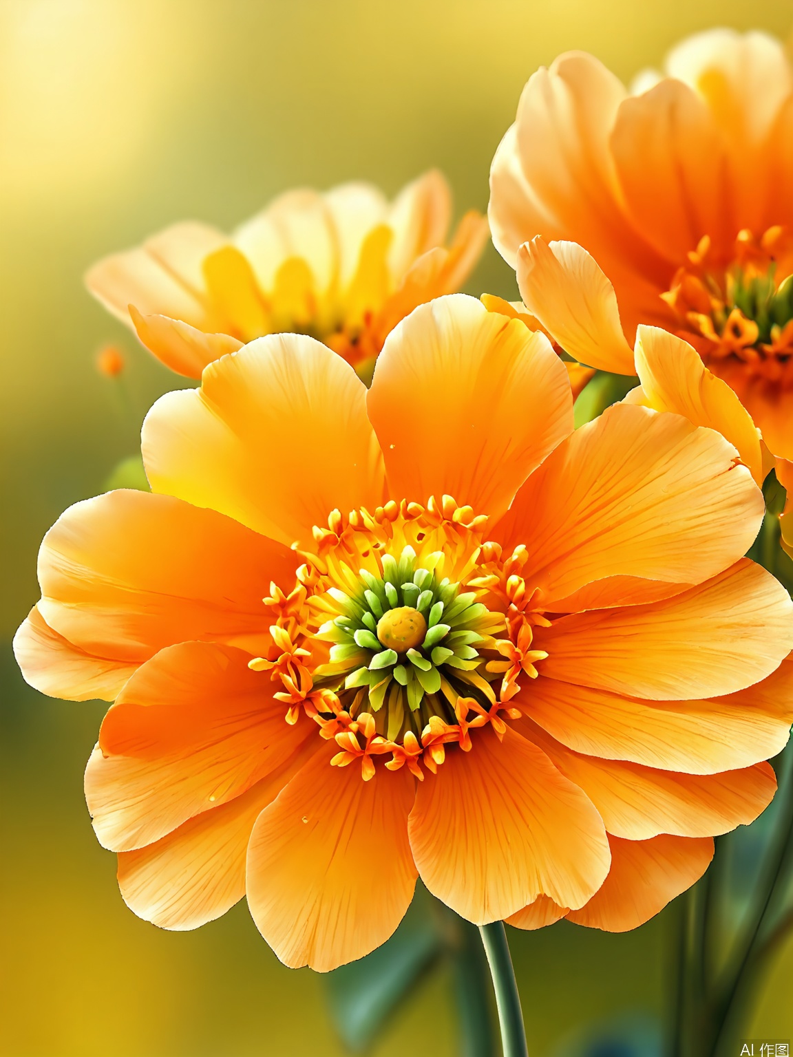 XHYS, Photograph of a cluster of eight bright orange marigolds with daisy-like petals, captured against a bright yellow background. The marigolds are in various stages of bloom, some fully opened and others still budding. Their leaves are a vibrant green, adding to the scene's liveliness. The lighting is warm, emphasizing the marigolds' cheerful and sunny disposition. The composition is lively and energetic, highlighting the flowers' bold colors.