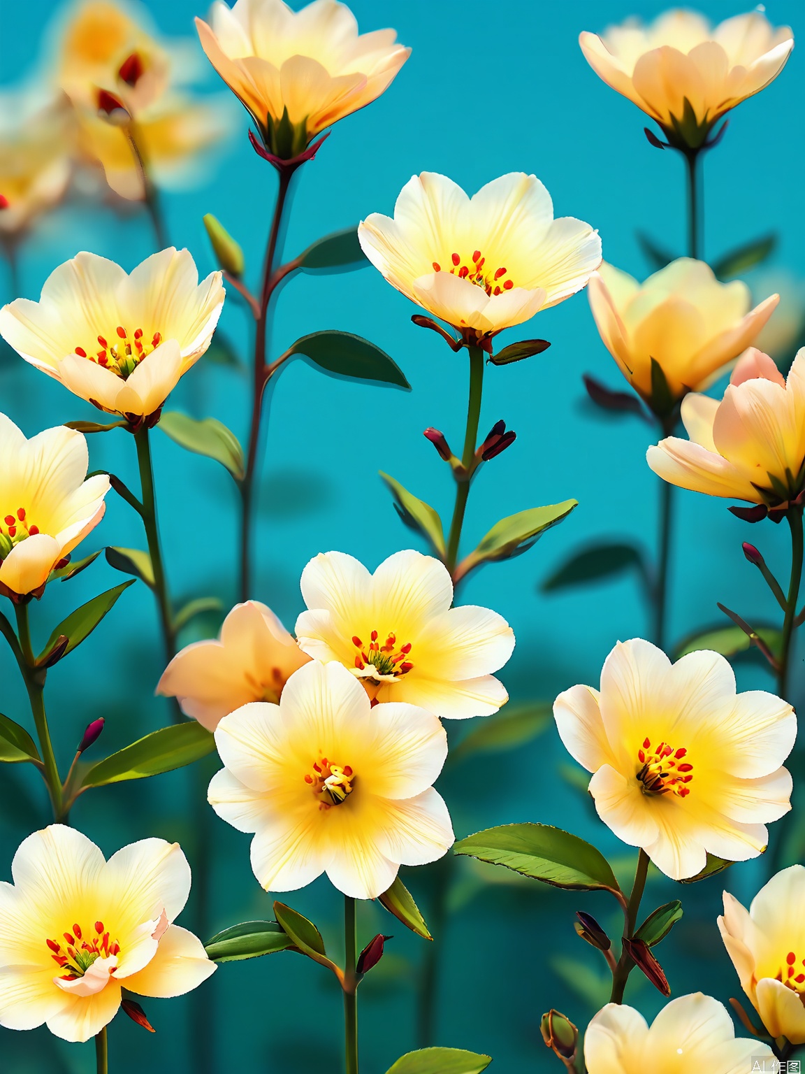 XHYS, Photograph of a trio of bright yellow daffodils with trumpet-shaped centers, photographed against a soft blue backdrop. The daffodils are in various stages of bloom, some just beginning to open. Their leaves are a slender, dark green, adding depth to the scene. The lighting is warm, casting a golden glow that enhances the daffodils' cheerful disposition. The composition is vibrant and uplifting, capturing the flowers' radiant beauty.