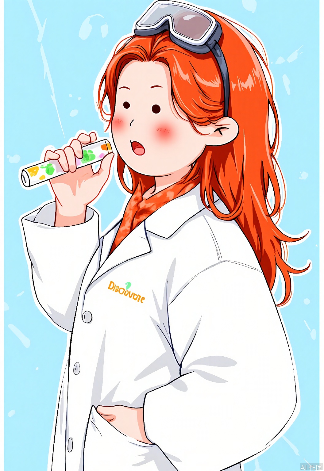 QMKT, Digital drawing of a young woman with long red hair, wearing a white lab coat with "DISCOVER" written on it. She is holding a test tube in her hand, looking curiously at it with an excited expression. She has a small pair of safety goggles on her head. The background is a light blue and white pattern, reminiscent of a scientific laboratory. The style is cartoonish and intellectual, with clean lines and bright colors.