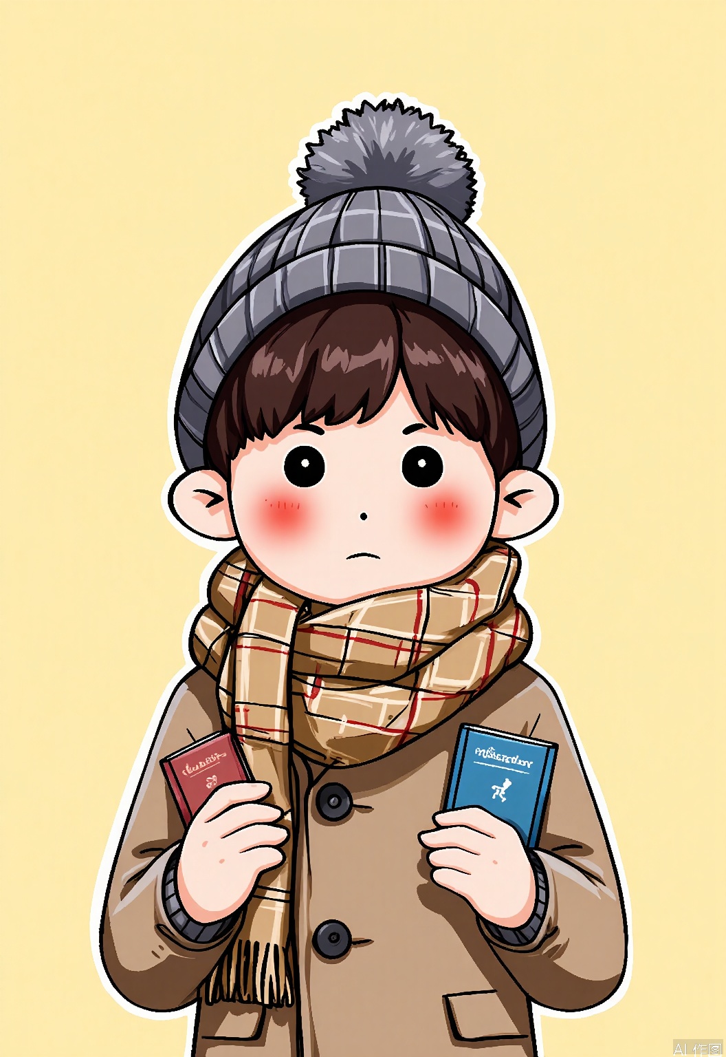 QMKT, A digital drawing of a young boy with short brown hair, wearing a gray beanie with a pom-pom, a plaid scarf, and a brown coat. He is holding two small books in each hand, one red and one blue, both with the title "Mystery" on them. The boy has a serious expression, with wide eyes and blushing cheeks. The background is a simple, light yellow color. The drawing style is cartoonish and playful, with bold outlines and bright colors.