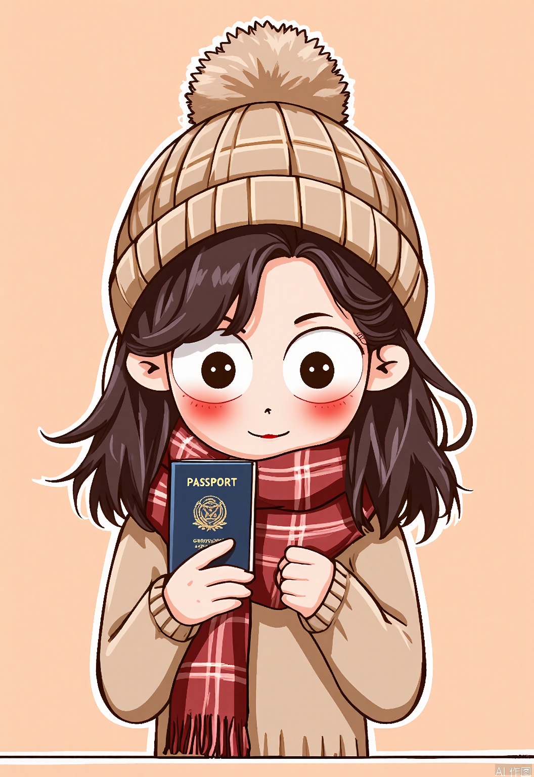 QMKT, A digital drawing of a cute anime girl with large, expressive eyes and a small mouth. She has medium-length brown hair and is wearing a beige knit beanie with a pom-pom on top. She is also wearing a beige sweater and a red plaid scarf around her neck. She is holding a blue passport with a gold emblem on the cover. The background is a simple, solid peach color. The girl has a neutral expression and is looking slightly downward. The art style is chibi, with exaggerated features and a cute, innocent appearance.