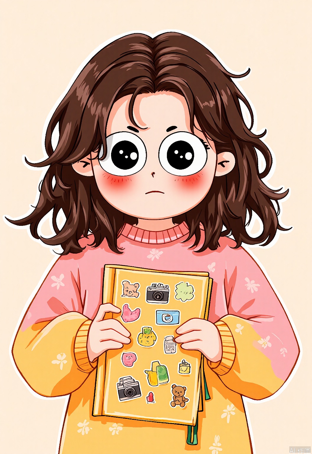 QMKT, Digital drawing of a girl with curly brown hair, wearing a pink and yellow floral sweater, holding a yellow notebook with various stickers, including a camera, heart, and teddy bear. She has large, wide eyes and a slightly concerned expression, with her cheeks blushing. The background is a simple light beige color. The art style is cute and whimsical, with thick outlines and soft shading. The girl's hair is wavy and messy, giving her a youthful appearance. The notebook has a green ribbon bookmark.