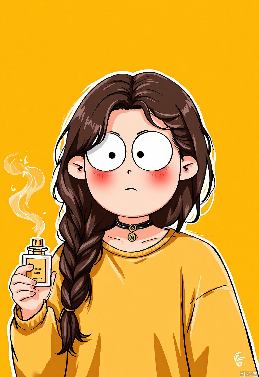 QMKT, Digital drawing of a young woman with long, braided brown hair, holding a small perfume bottle in her right hand, emitting a puff of smoke. She has a concerned expression with wide eyes and flushed cheeks. She is wearing a yellow shirt and a black choker. The background is a solid yellow color. The style is cartoonish with thick outlines and simple shading.