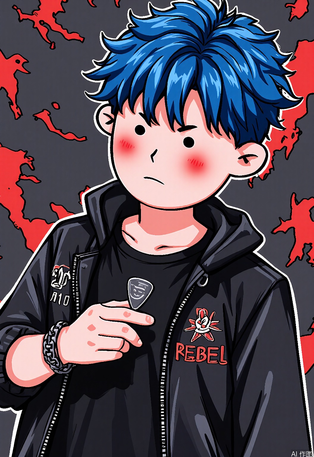 QMKT, Digital drawing of a teenage boy with spiky blue hair, wearing a black leather jacket with "REBEL" written on it. He is holding a guitar pick in his fingers, looking defiantly to the side with a rebellious expression. He has a small silver chain bracelet on his wrist. The background is a dark gray and red pattern, reminiscent of rock and roll. The style is cartoonish and edgy, with bold lines and vibrant colors.