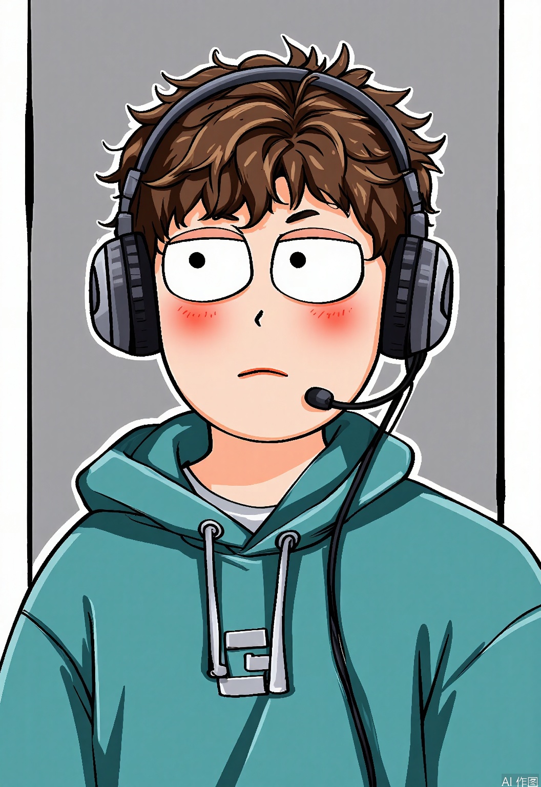 QMKT, Cartoon-style drawing of a young man with curly brown hair, wearing a teal hoodie with a "G" on the chest, and a black headset with a microphone. He has a bored or uninterested expression, with half-closed eyes and a small frown. The background is a simple gray rectangle. The drawing has thick outlines and a playful, exaggerated style.