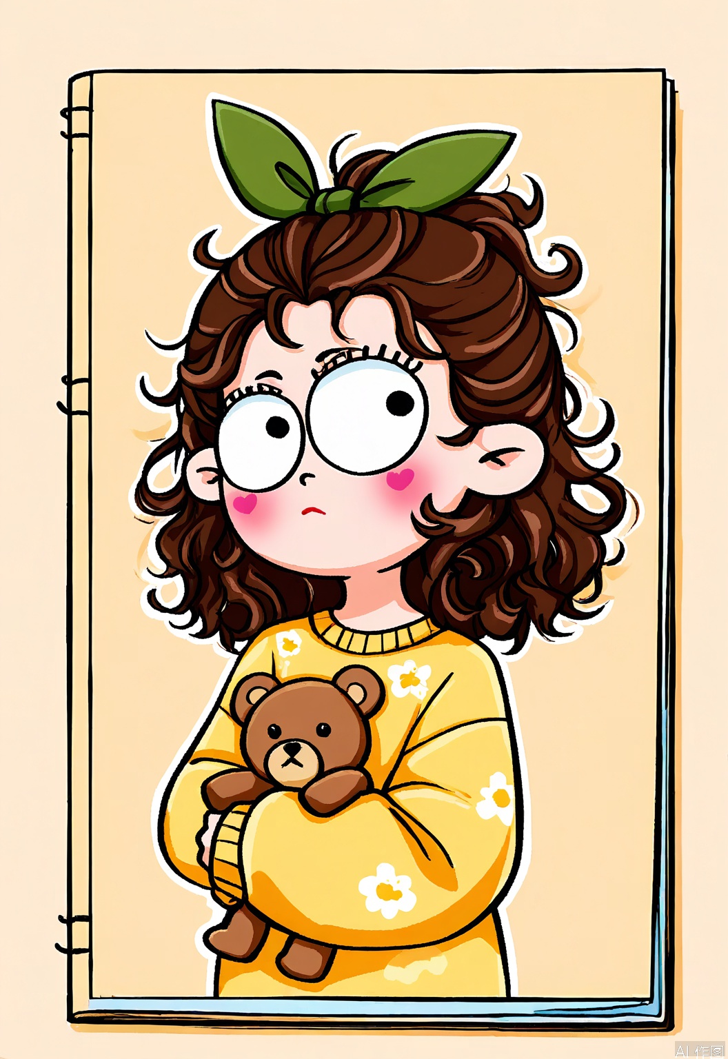 QMKT, Digital drawing of a girl with curly brown hair, wearing a pink and yellow floral sweater, holding a yellow notebook with various stickers, including a camera, heart, and teddy bear. She has large, wide eyes and a slightly concerned expression, with her cheeks blushing. The background is a simple light beige color. The art style is cute and whimsical, with thick outlines and soft shading. The girl's hair is wavy and messy, giving her a youthful appearance. The notebook has a green ribbon bookmark.