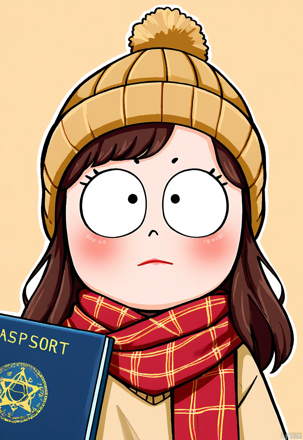 QMKT, A digital drawing of a cute anime girl with large, expressive eyes and a small mouth. She has medium-length brown hair and is wearing a beige knit beanie with a pom-pom on top. She is also wearing a beige sweater and a red plaid scarf around her neck. She is holding a blue passport with a gold emblem on the cover. The background is a simple, solid peach color. The girl has a neutral expression and is looking slightly downward. The art style is chibi, with exaggerated features and a cute, innocent appearance.