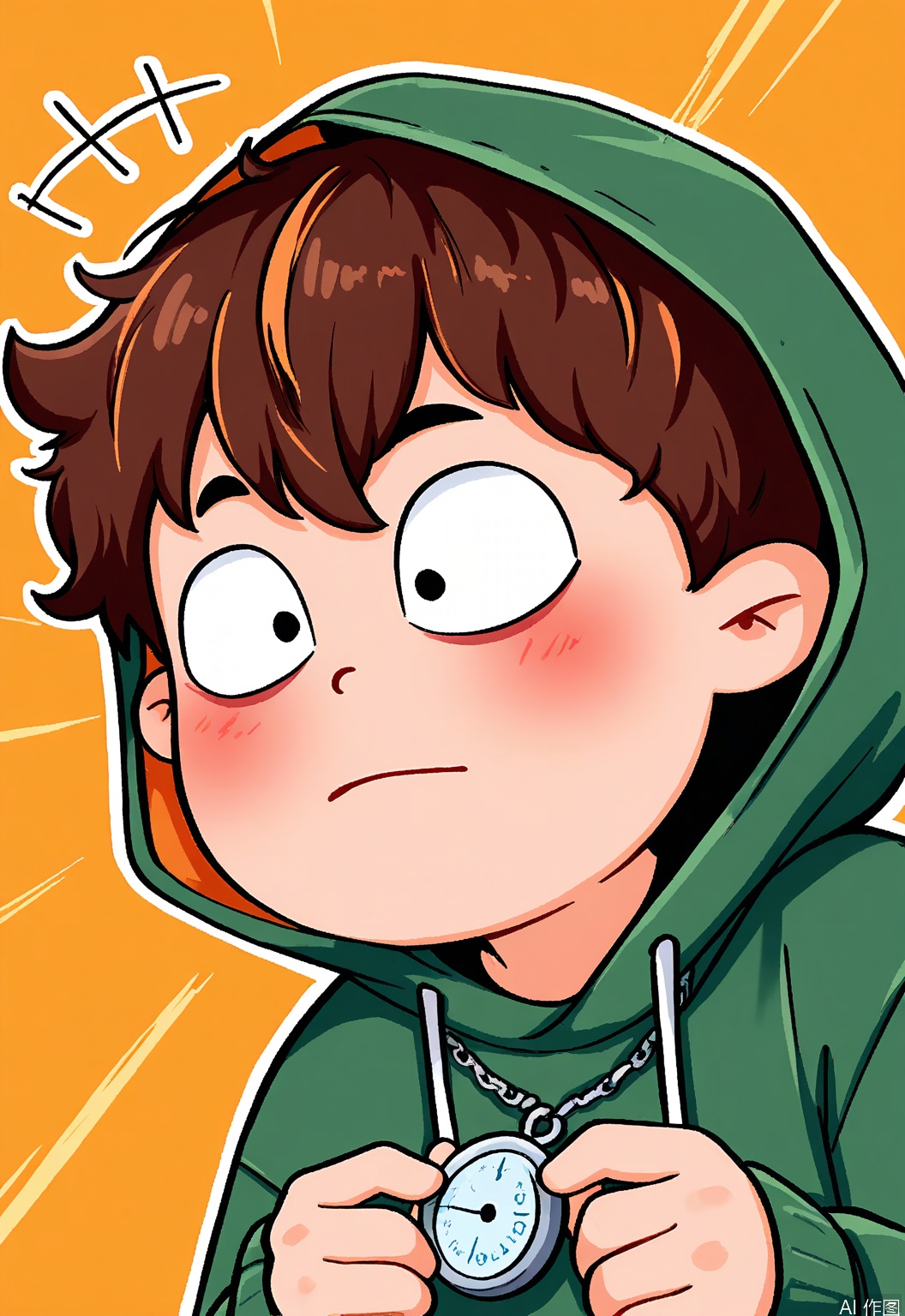 QMKT, Digital drawing of a young man with tousled brown hair, wearing a green hoodie with "EXPLORE" written on it. He is holding a compass in his hand, looking determinedly ahead with a focused expression. He has a small silver key pendant around his neck. The background is a brown and orange map pattern, reminiscent of an adventure. The style is cartoonish and adventurous, with bold lines and warm colors.