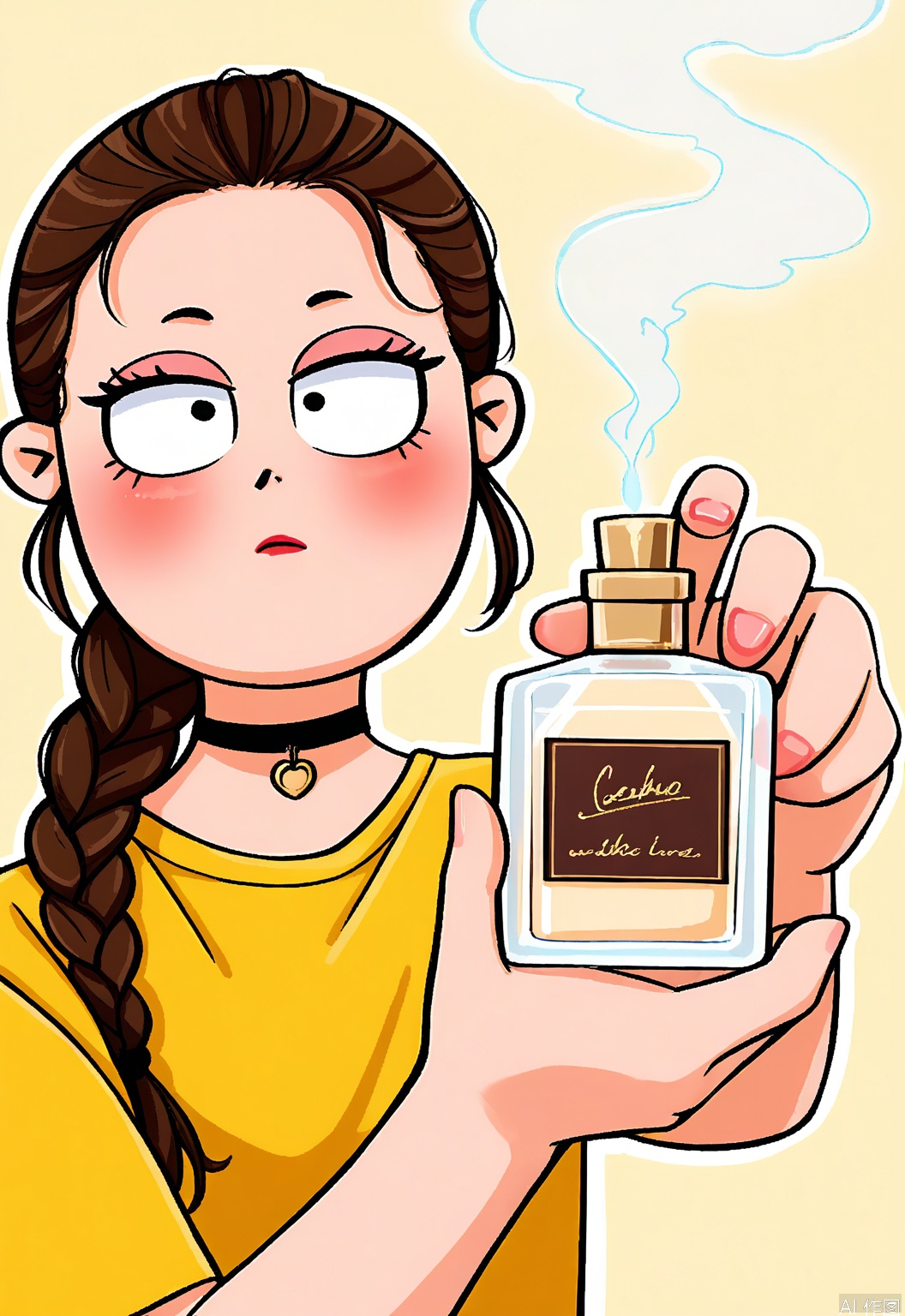 QMKT, Digital drawing of a young woman with long, braided brown hair, holding a small perfume bottle in her right hand, emitting a puff of smoke. She has a concerned expression with wide eyes and flushed cheeks. She is wearing a yellow shirt and a black choker. The background is a solid yellow color. The style is cartoonish with thick outlines and simple shading.
