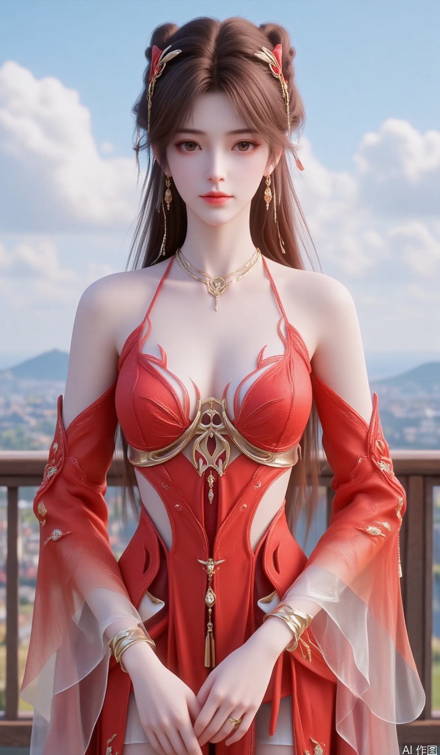 1girl

solo

long hair

looking at viewer

brown hair

hair ornament

dress

bare shoulders

brown eyes

jewelry

upper body

earrings

sky

blue sky

red dress,huolinger,best quality,Fair skinned hands