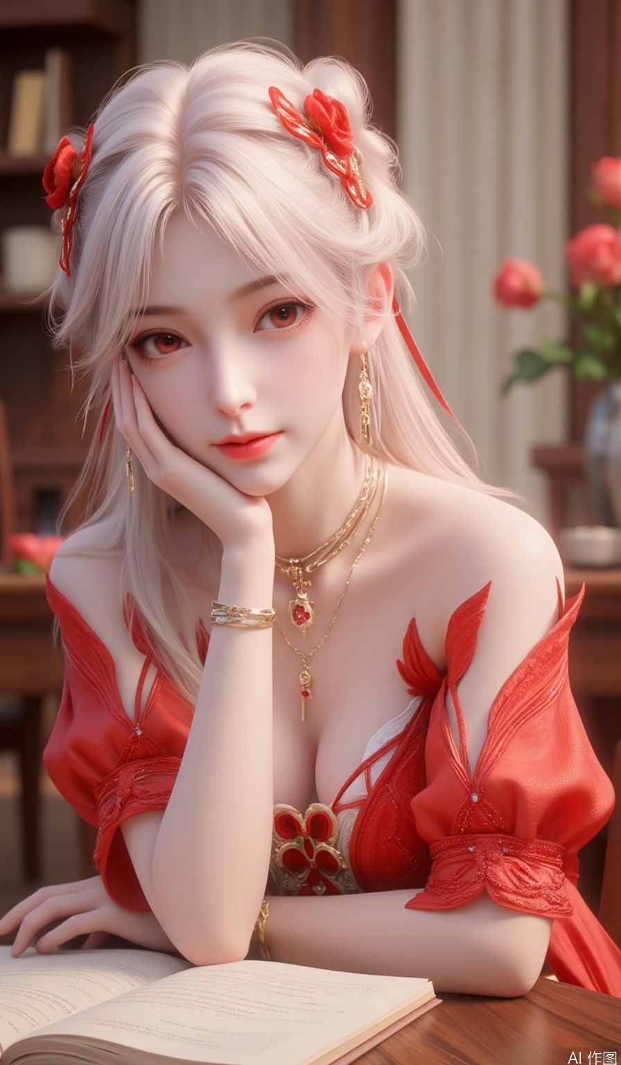 1girl, solo, long hair, looking at viewer, hair ornament, red eyes, dress, ribbon, jewelry, hair ribbon, upper body, flower, white hair, short sleeves, earrings, frills, choker, puffy sleeves, hair flower, necklace, bracelet, red ribbon, puffy short sleeves, book, rose, red dress, table, red flower, pale skin, hand on own face, head rest, red rose, hand on own cheek, red lips,hle