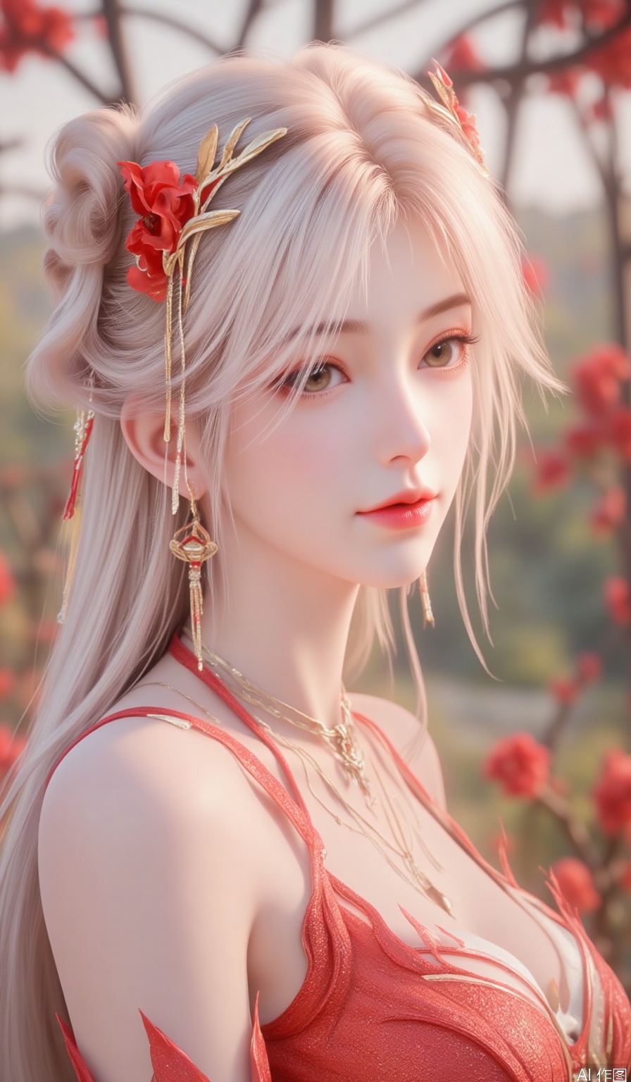 1girl, solo, breasts, looking at viewer, hair ornament, dress, jewelry, upper body, flower, white hair, earrings, parted lips, hair flower, from side, lips, petals, rose, chinese clothes, red flower, red rose, red lips,hle