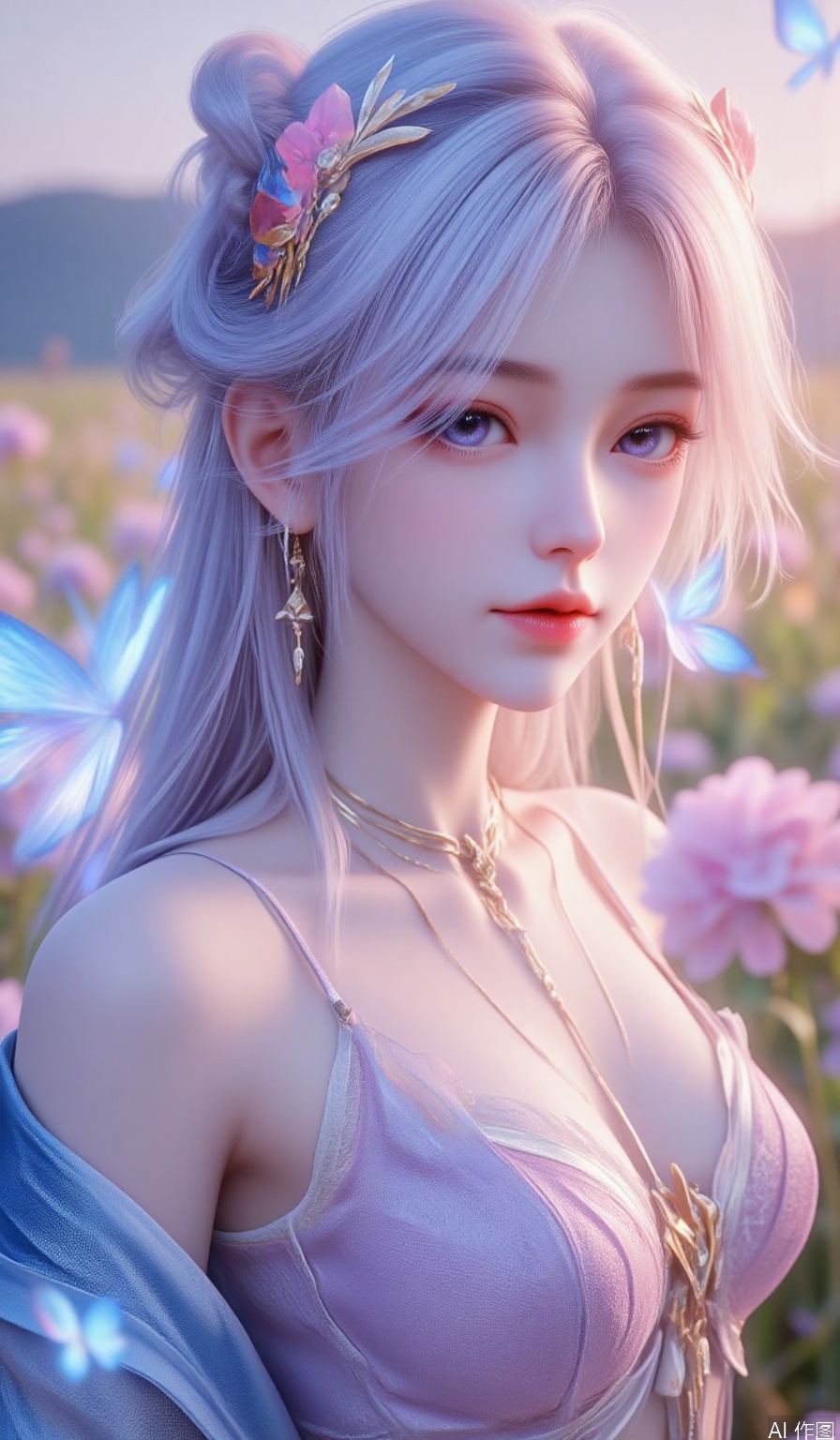 Realism,veil,unreal,sunlight,backlighting,glowing,loli,petals,shadow,light,figure light,dream,unreal,Blur,float light, amazing quality, very aesthetic, absurdres,Dundar effect,flowers covering half of the painting,delicate plant details,dream, soul, (fluorescence), (flying translucent blue butterfly) masterpiece,best quality,high quality,(colorful),loli,1girl,solo,long hair,looking at viewer,blue eyes,upper body,head tilt,blue theme,jacket,closed mouth,earrings,bare shoulders,off shoulder,white hair,jewelry,strap slip,collarbone,camisole,blue background,backlighting,blue hair,pink background,multicolored hair,gradient background,simple background,hair between eyes,expressionless,spaghetti strap,blue jacket,shirt,sidelocks,glowing,pixie cut in vibrant lavender,ice purple eyes,dressed in a romantic bohemian dress with layered lace and a floral crown,in a field of wildflowers under a pastel sunset with butterflies fluttering,hle