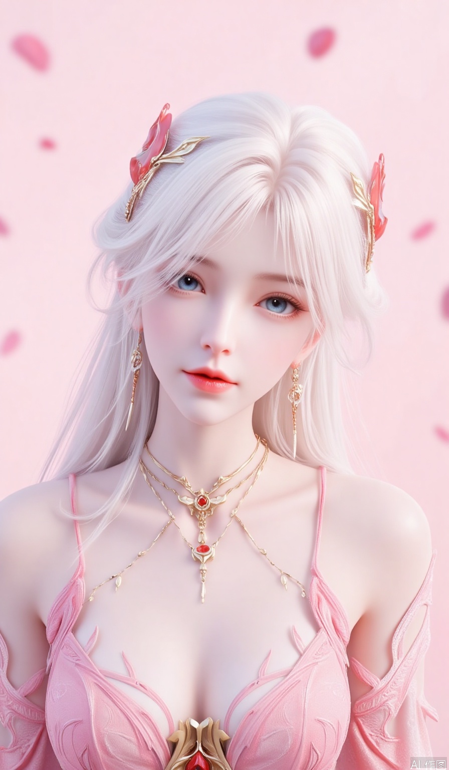 1girl,white hair,long hair,blue eyes,cleavage,scattered rose petals,solid background,hle