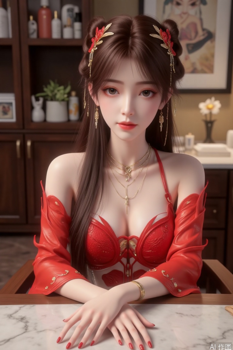 masterpiece,best quality,high quality,A girl with long hair,Wearing a long red dress,Long eyelashes,ear ornament,Sitting at the counter of the nail salon,Hands on the countertop, getting a manicure,True skin texture,,Very nice hands,