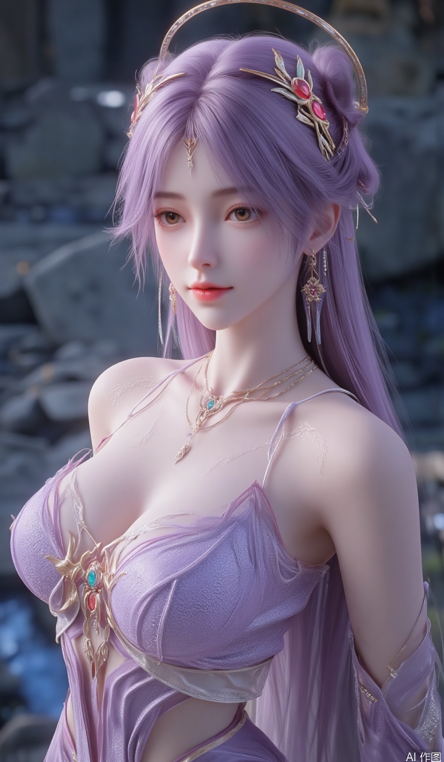 (8k, RAW photo, best quality, masterpiece:1.2),solo,pov,(super realistic, photo-realistic:1.3), ultra-detailed, extremely detailed cg 8k wallpaper,hatching (texture),skin gloss,light persona,(crystalstexture skin:1.2), (extremely delicate and beautiful), (white skin:1.2),ultra realistic 8k cg, flawless, clean, masterpiece, professional artwork, famous artwork, cinematic lighting, cinematic bloom, perfect face, beautiful face, fantasy, dreamlike, unreal, science fiction, lace, lace trim, lace-trimmed legwear, luxury, jewelry, diamond, pearl, gem, sapphire, ruby, emerald, intricate detail, delicate pattern, charming, alluring, seductive, erotic, enchanting, hair ornament, necklace, earrings, bracelet, armlet,halo,,(((Best quality, masterpiece, ultra high res, (photorealistic:1.4), raw photo, 1girl, wet clothes, )))1girl,arms behind back,long hair, solo, (((very_long_hair))),bare_shoulders,purple hair, long dress,hair ornament,pov,(full shot), (breasts,medium_breasts, cleavage:1.2),looking_at_viewer,