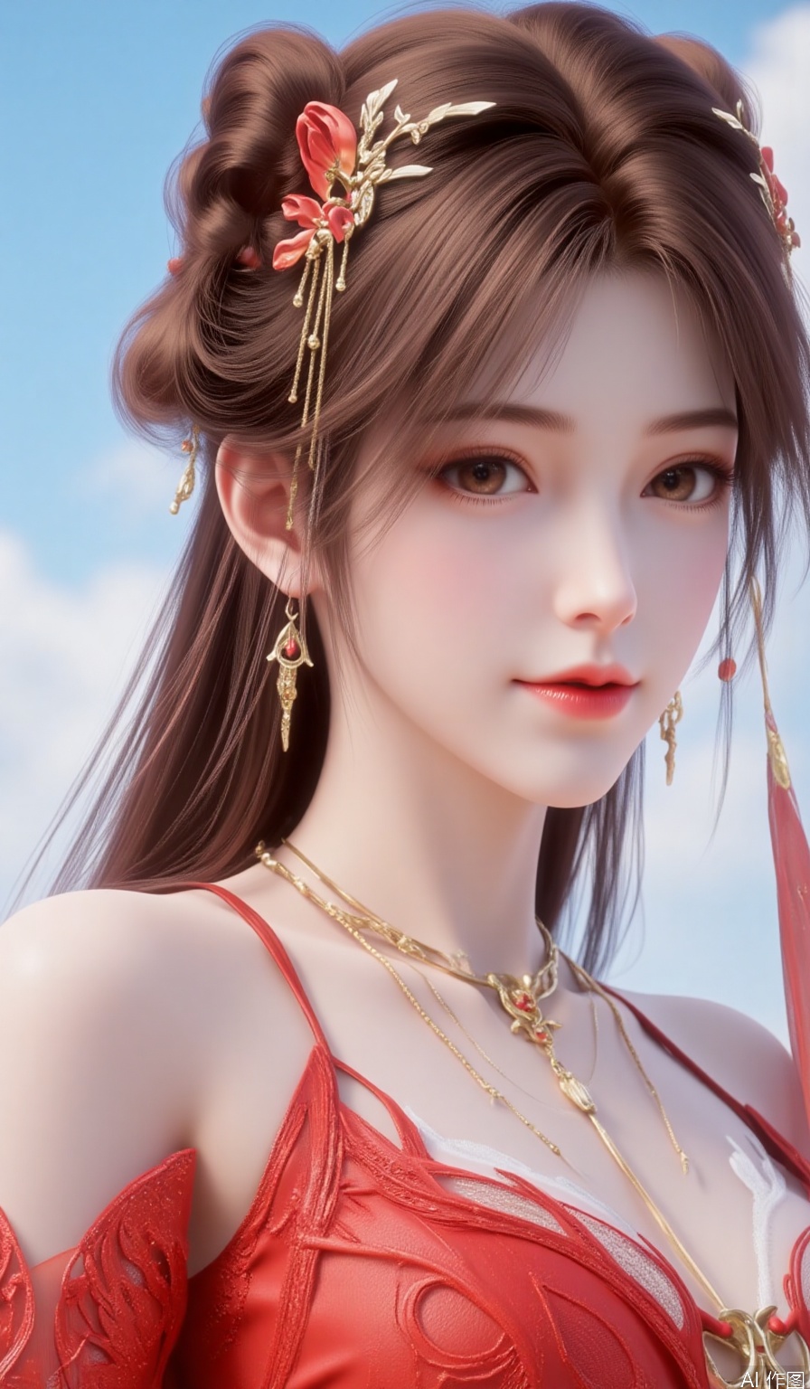 1girl,solo,long hair,looking at viewer,brown hair,hair ornament,dress,bare shoulders,brown eyes,jewelry,upper body,earrings,sky,blue sky,red dress,huolinger,best quality,close-up,Silk tulle-textured clothes,