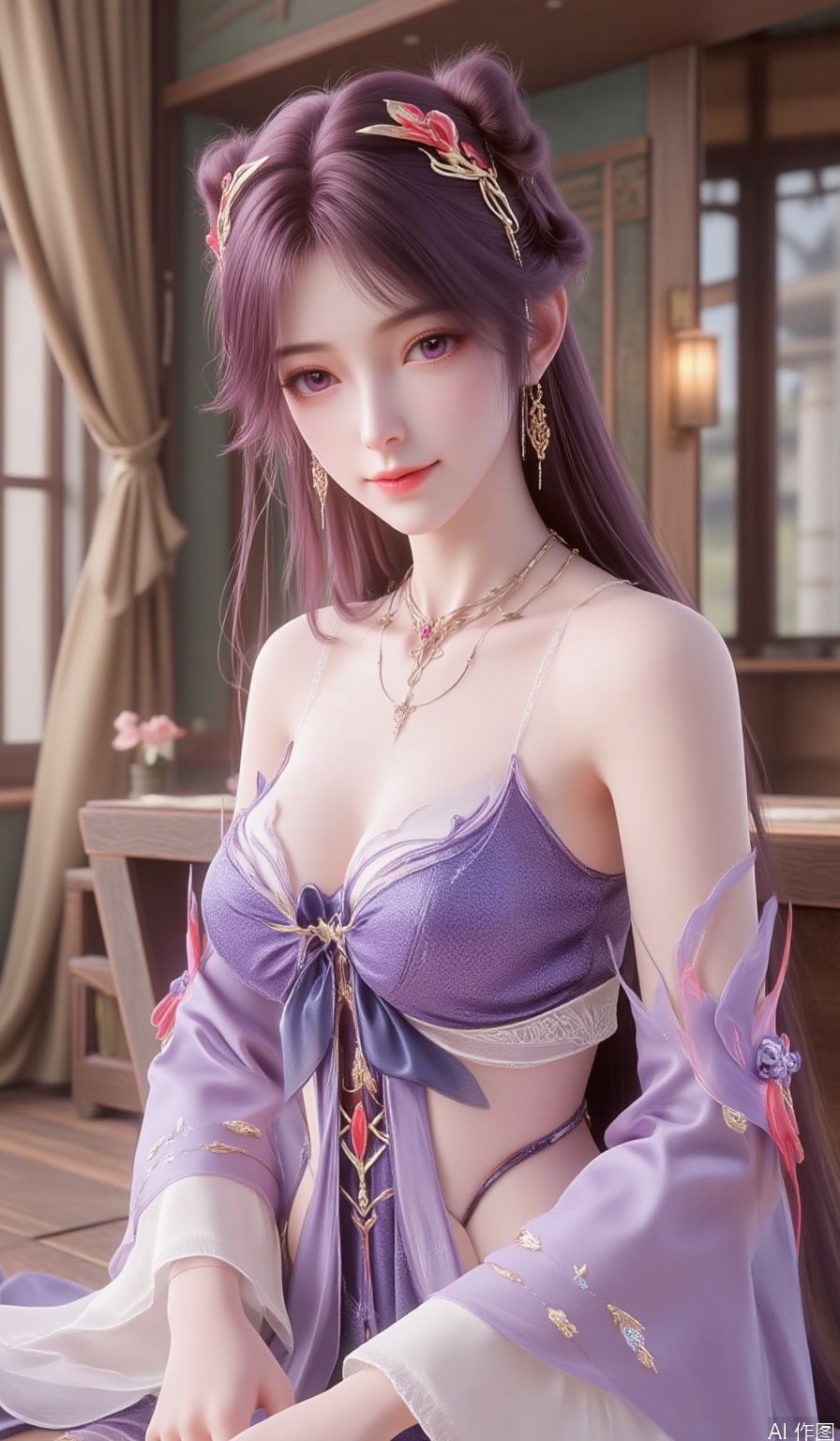 the best quality, masterpiece, super details, fine fabrics, high detail skin, finely detailed eyes and detailed face,smooth skin,extremely fine and detailed,Perfect details,breasts, high resolution, the whole body,1girl, solo, long hair, looking at viewer, smile, bangs, hair ornament, long sleeves, dress, bow, bare shoulders, sitting, very long hair, closed mouth, purple eyes, collarbone, purple hair, indoors, wide sleeves, pink eyes, off shoulder, parted bangs, sash, strapless, blue bow, scrunchie, pelvic curtain, hair scrunchie, shawl, yellow scrunchie,hle