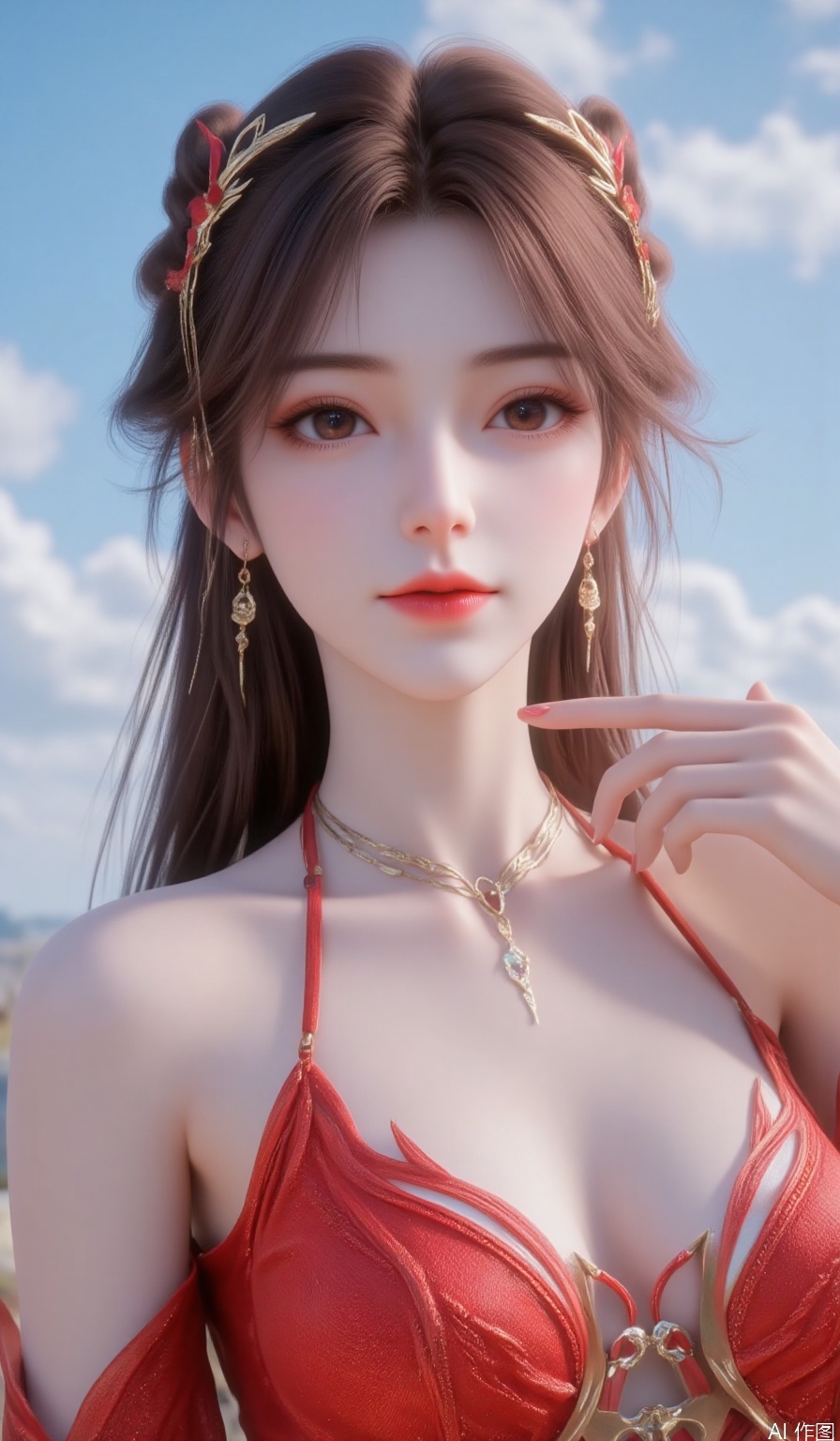 1girl,solo,long hair,looking at viewer,brown hair,hair ornament,dress,bare shoulders,brown eyes,jewelry,upper body,earrings,sky,blue sky,red dress,huolinger,best quality,close-up,Silk tulle-textured clothes,