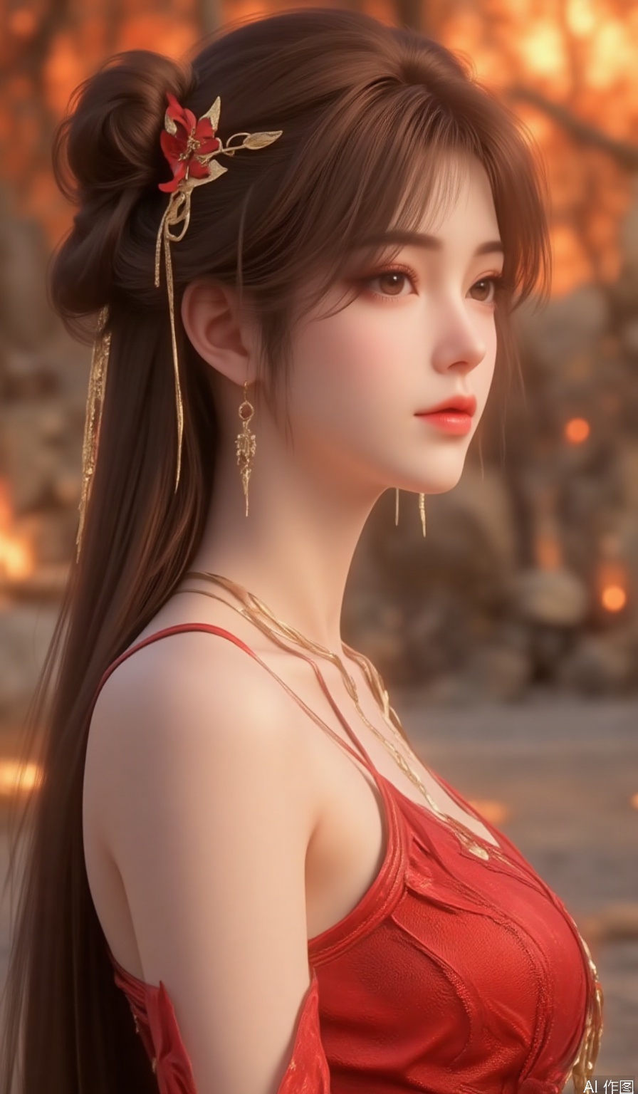 1girl

solo

long hair

brown hair

hair ornament

dress

bare shoulders

jewelry

standing

earrings

outdoors

detached sleeves

blurry

from side

profile

blurry background

red dress

fire

huolinger

hle,best quality